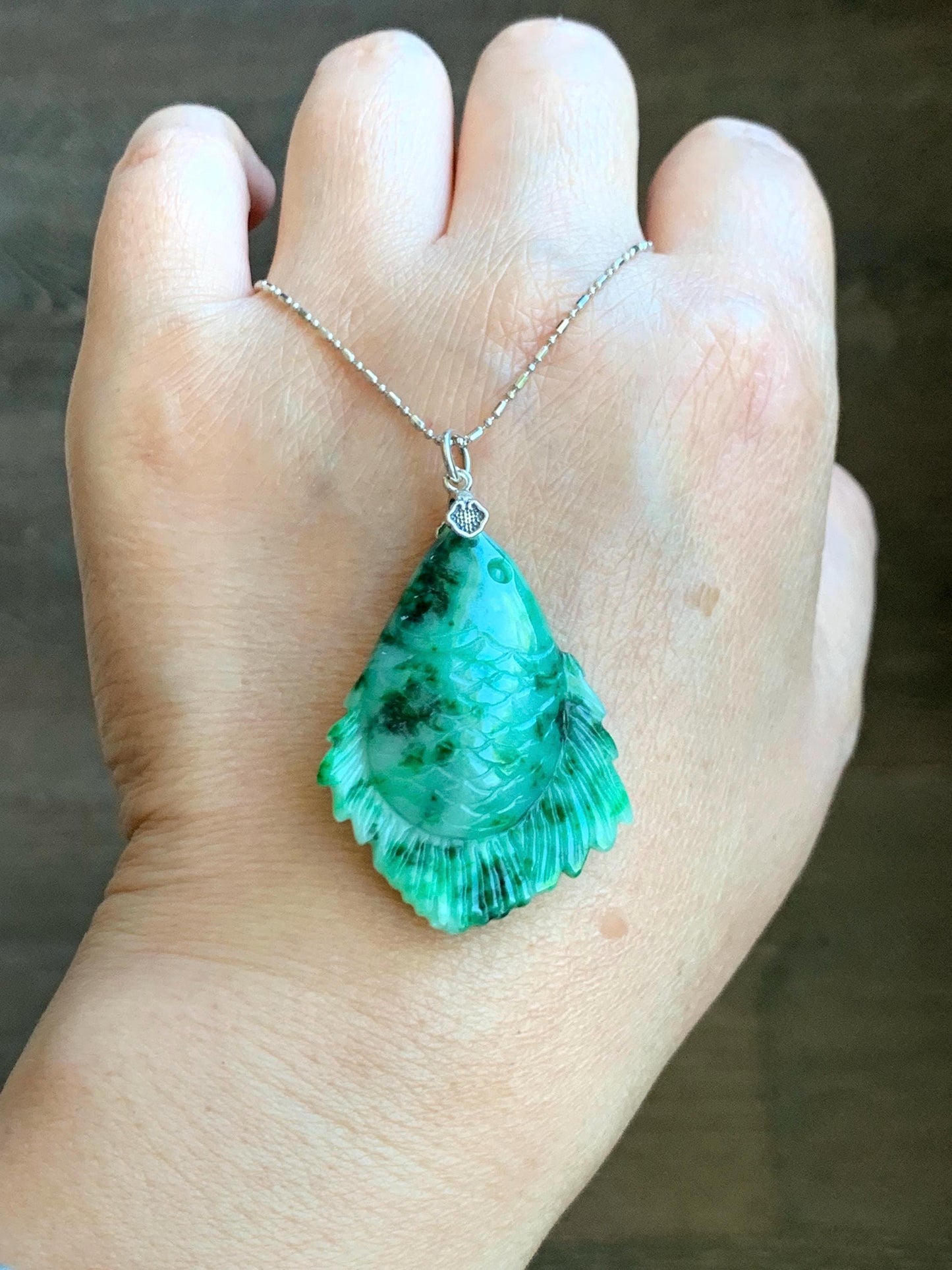 Natural Grade A Icy Translucent Jadeite Fish Pendant: Sterling Silver Bail, Apple Green Dark Green Marbled Jade 天然果绿飘花翡翠鱼吊坠 MLW220B