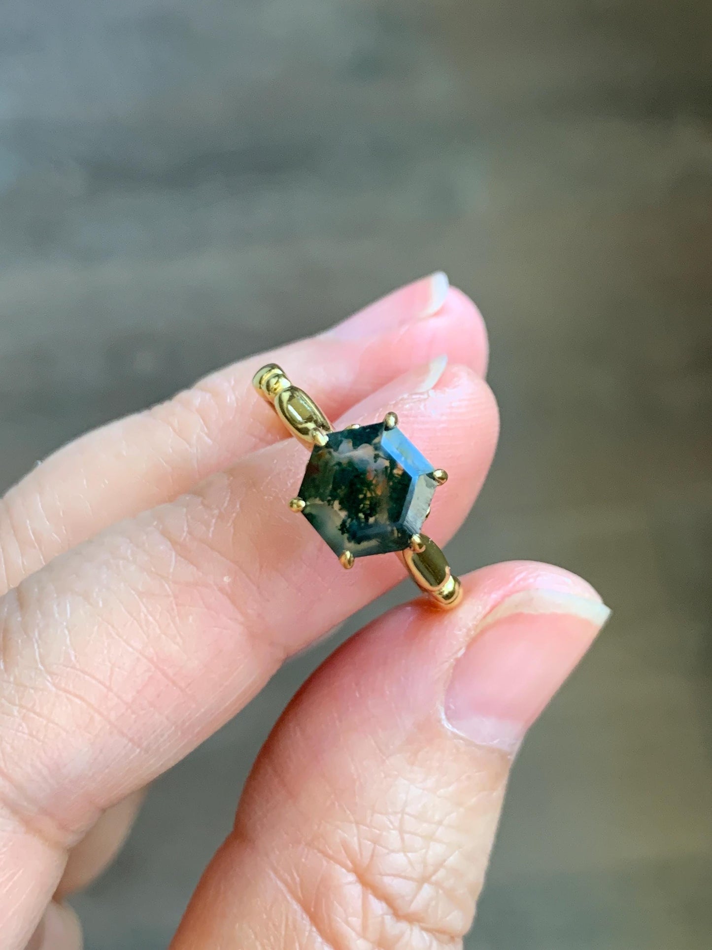 Natural Genuine Moss Agate Premium Hexagon Cut Solitaire Ring 925 Sterling Silver Yellow Gold Overlay Size 8 US 3g Moss Agate Retro Ring 435