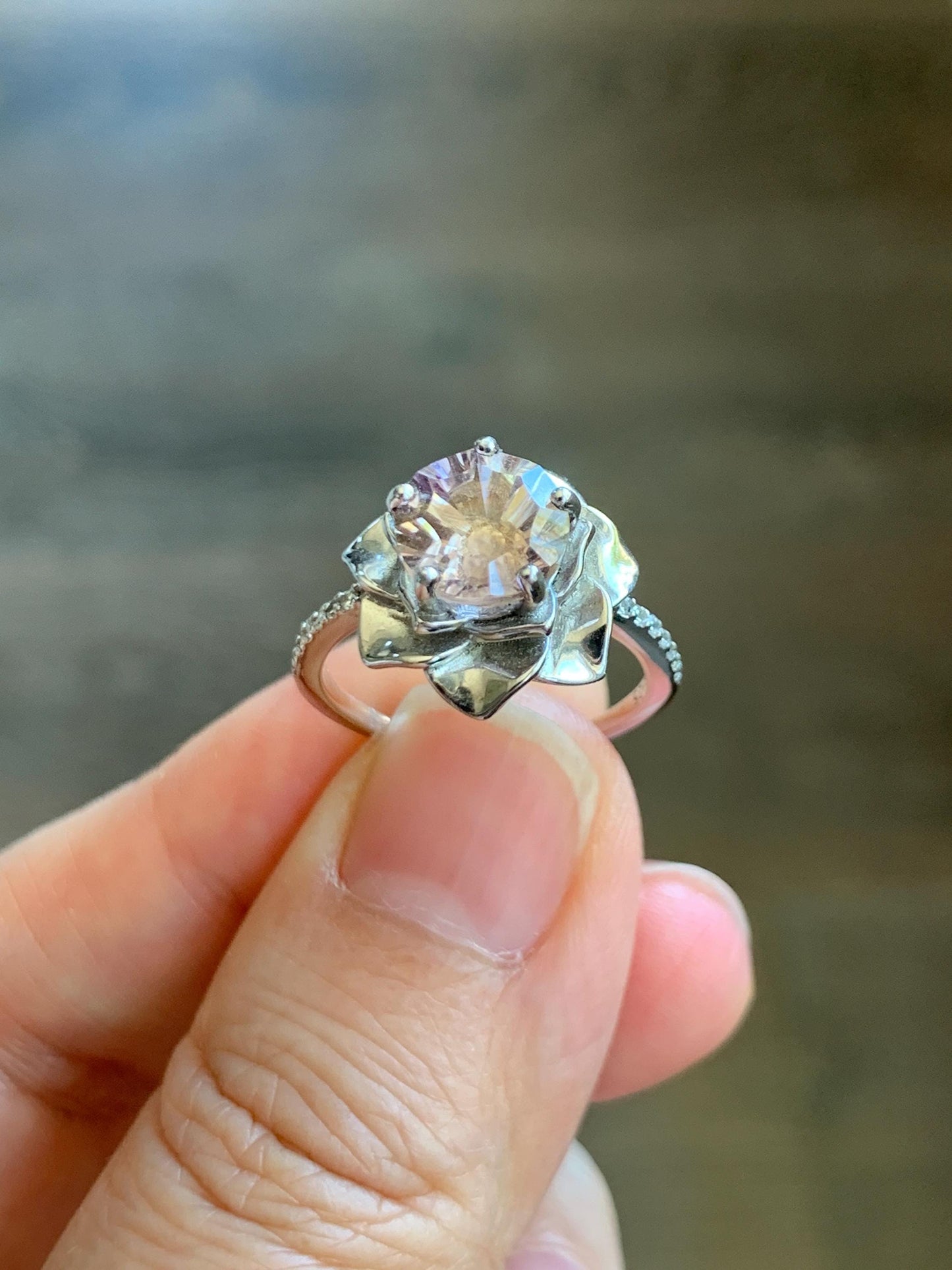 Natural Genuine Ametrine Large Round Cut Floral Design 5-prong Ring 925 Sterling Silver 8mm Size 6 US approx. 4g Ametrine Silver Ring 023