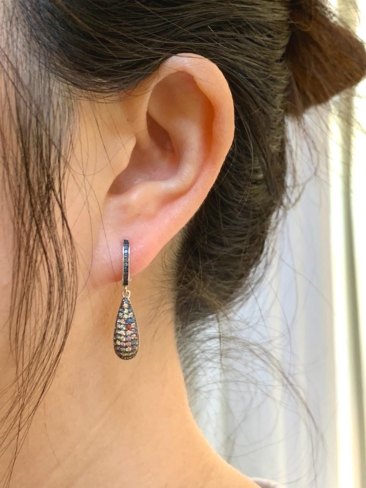 Natural Genuine Unheated Blue Sapphire Multicolored Rainbow Sapphire Cluster Teardrop Dangle Earrings Sterling Silver English Lock 4g 858-E