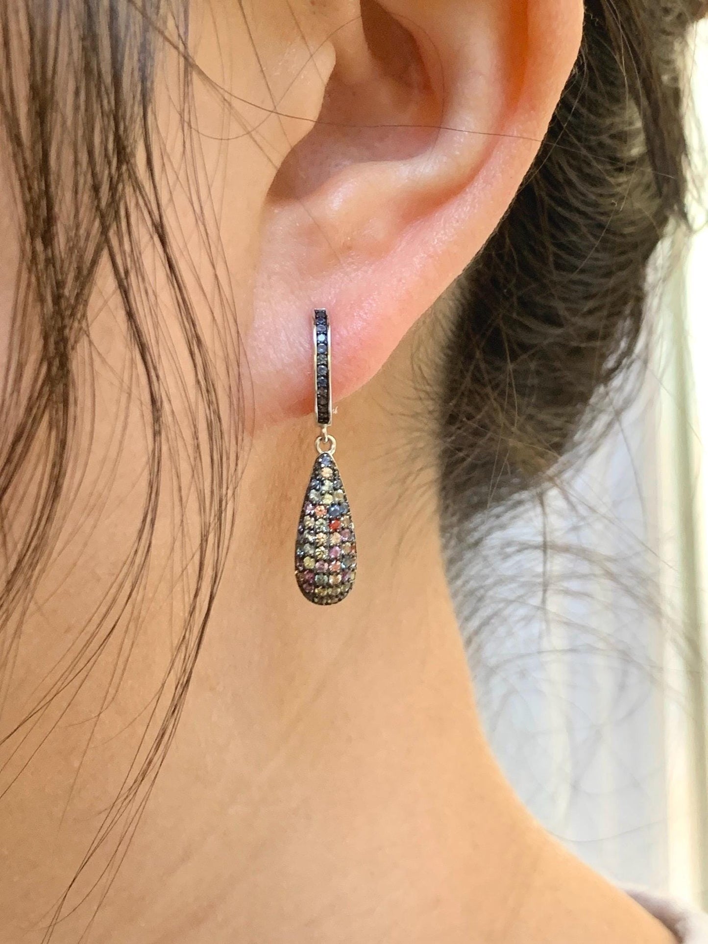 Natural Genuine Unheated Blue Sapphire Multicolored Rainbow Sapphire Cluster Teardrop Dangle Earrings Sterling Silver English Lock 4g 858-E