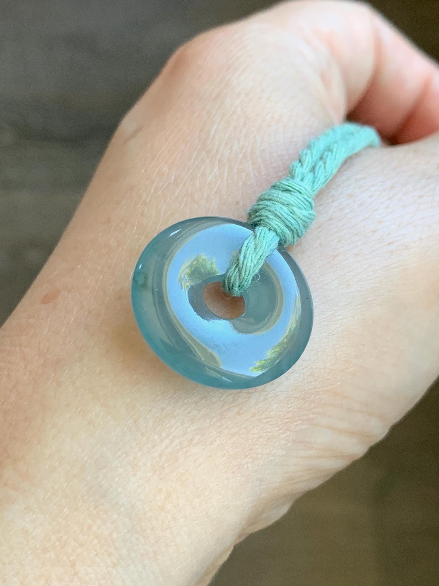 Natural Guatemalan Icy Translucent Teal Blue Jade Jadeite Ping An Kou Donut Petite Pendant Rope Necklace 26” 天然冰危蓝绿翡翠平安扣吊坠 WXK55L