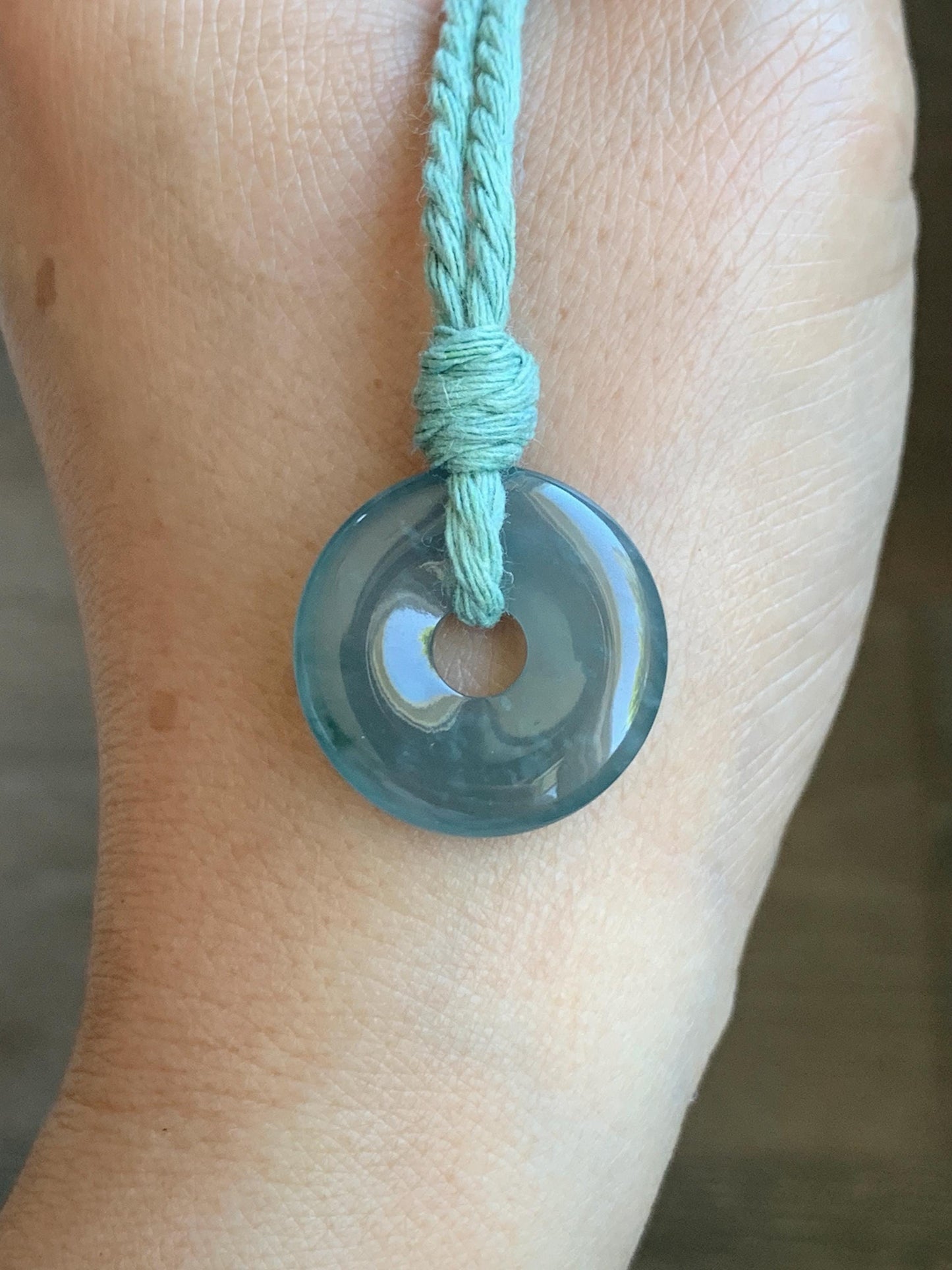 Natural Guatemalan Icy Translucent Teal Blue Jade Jadeite Ping An Kou Donut Petite Pendant Rope Necklace 26” 天然冰危蓝绿翡翠平安扣吊坠 WXK55L