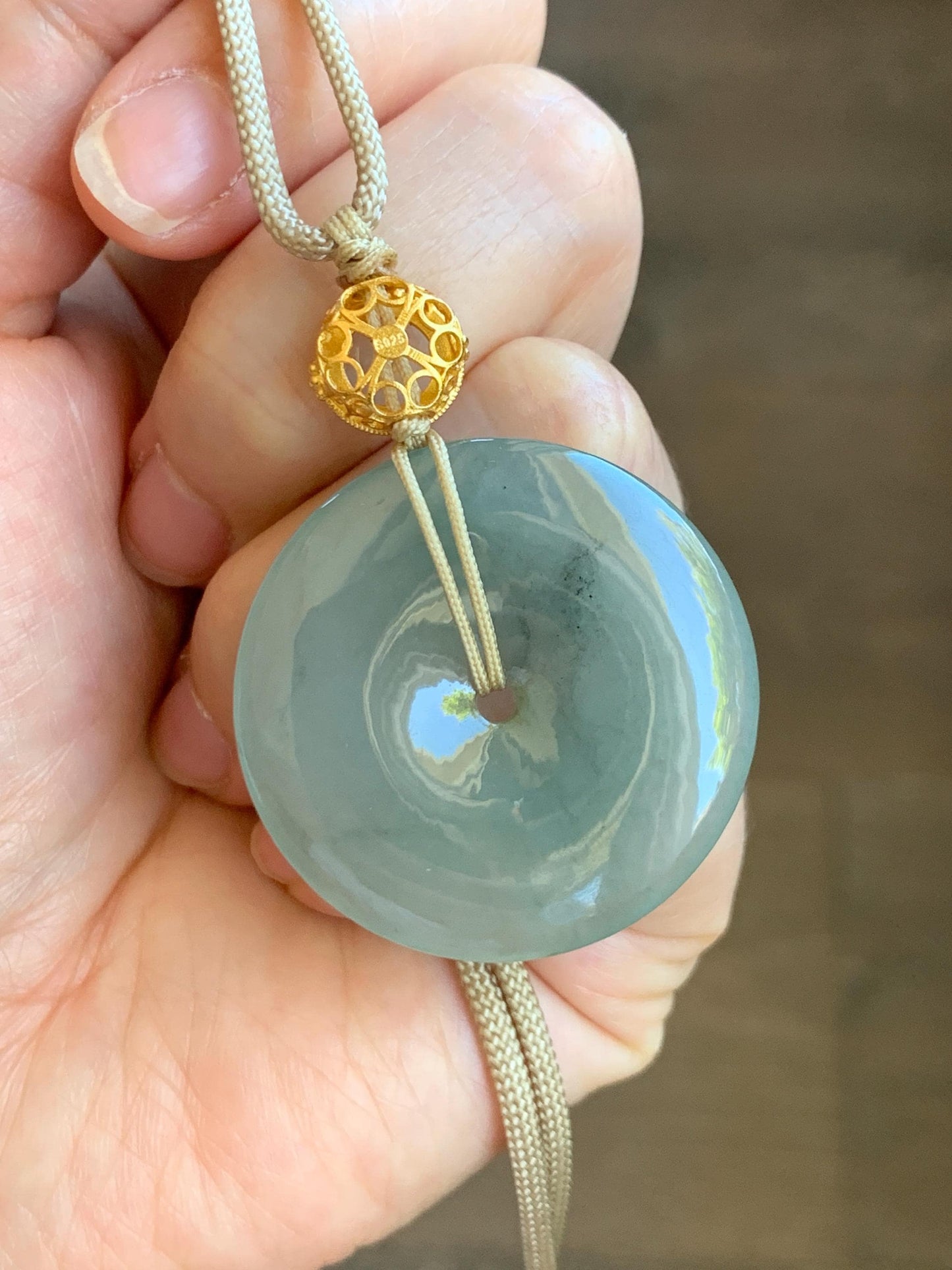 Natural Grade A Icy Translucent Dusty Green Wuji Jade Jadeite Large Ping An Kou Donut Pendant Rope Necklace 25" 天然冰胶老种淡绿乌鸡翡翠平安扣吊坠项链 MLW120B