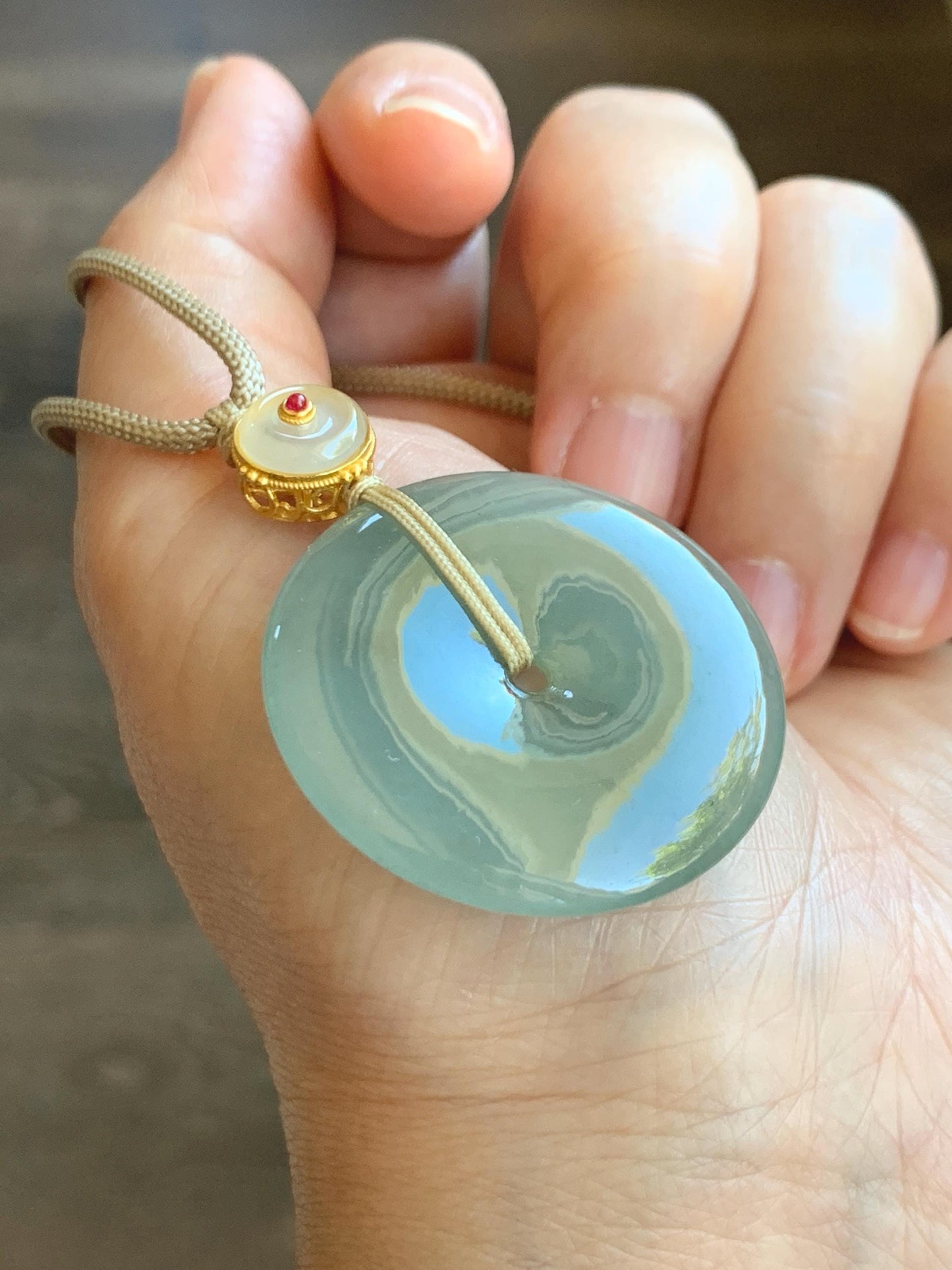 Natural Grade A Icy Translucent Dusty Green Wuji Jade Jadeite Large Ping An Kou Donut Pendant Rope Necklace 25" 天然冰胶老种淡绿乌鸡翡翠平安扣吊坠项链 MLW120B