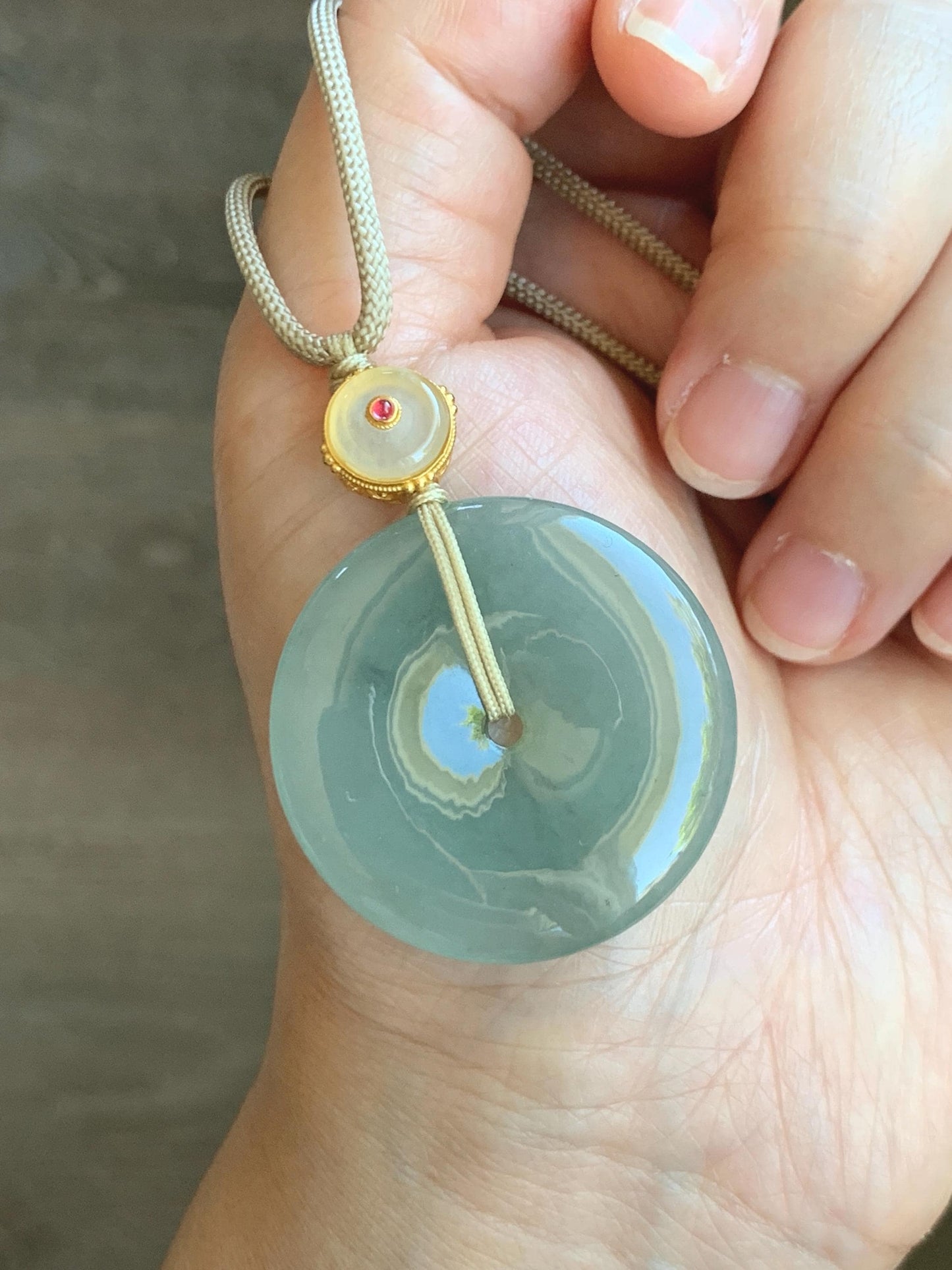 Natural Grade A Icy Translucent Dusty Green Wuji Jade Jadeite Large Ping An Kou Donut Pendant Rope Necklace 25" 天然冰胶老种淡绿乌鸡翡翠平安扣吊坠项链 MLW120B