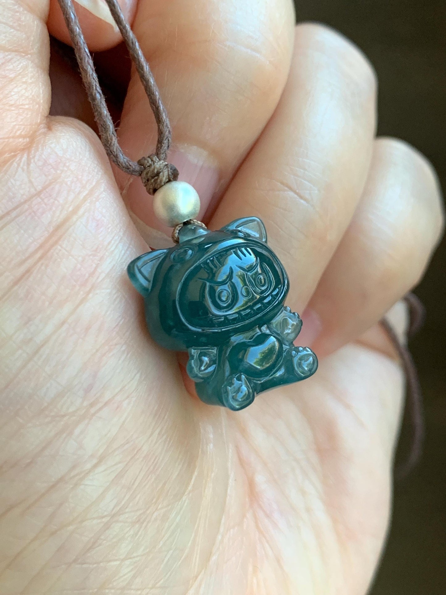 Natural Grade A Guatemalan Icy Translucent Dark Teal Blue Jade Jadeite Carved Monster Plush Pendant Rope Necklace 25” 天然冰胶危深蓝绿翡翠吊坠 LBB88C