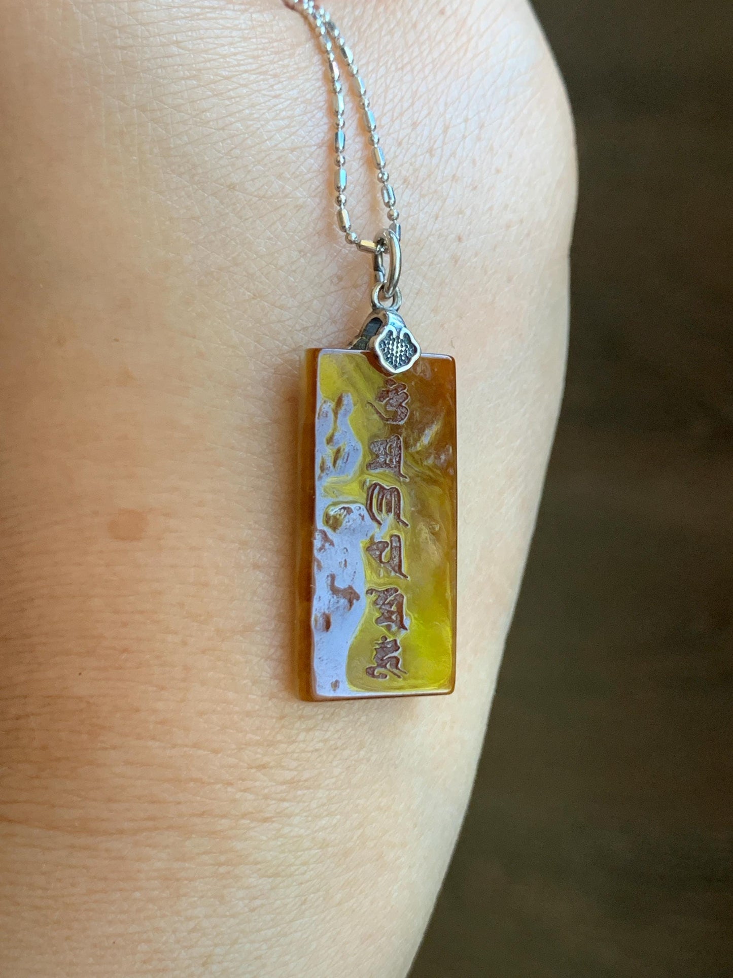 Natural Grade A Icy Translucent Bicolored Jade Jadeite w/ Rind Six-Word Mantra Rectangle Pendant Sterling Silver 天然冰胶油黄皮壳料翡翠六字真言牌吊坠 PGL220B
