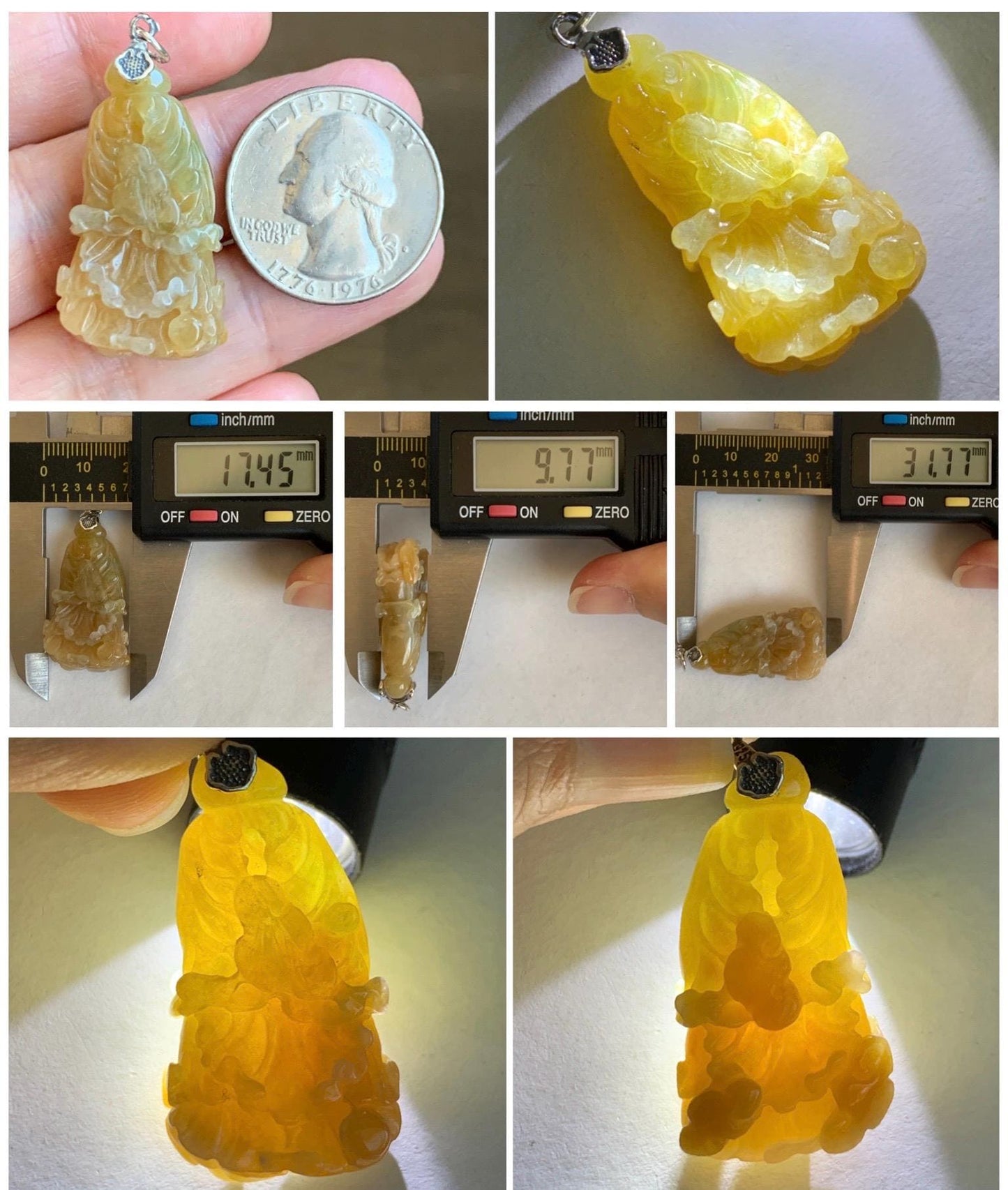 Natural Grade A Icy Translucent Gelatinous Yellow Jade Jadeite Carved Cabbage Pendant Sterling Silver 9g 天然冰胶黄翡翠白菜百财吊坠 MHB132