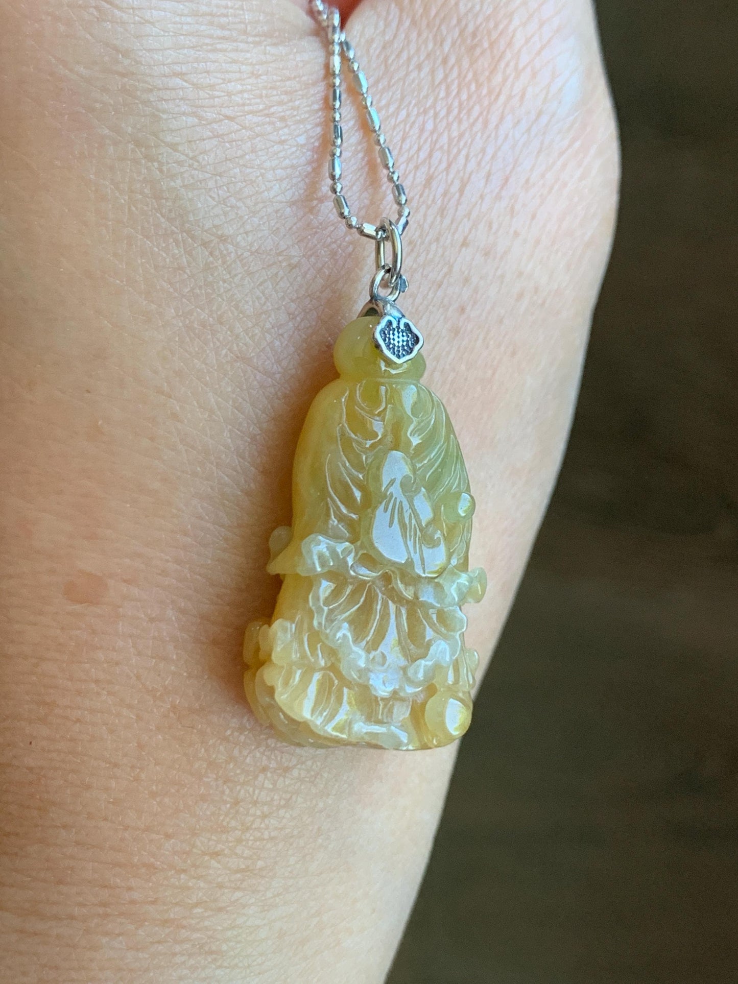 Natural Grade A Icy Translucent Gelatinous Yellow Jade Jadeite Carved Cabbage Pendant Sterling Silver 9g 天然冰胶黄翡翠白菜百财吊坠 MHB132