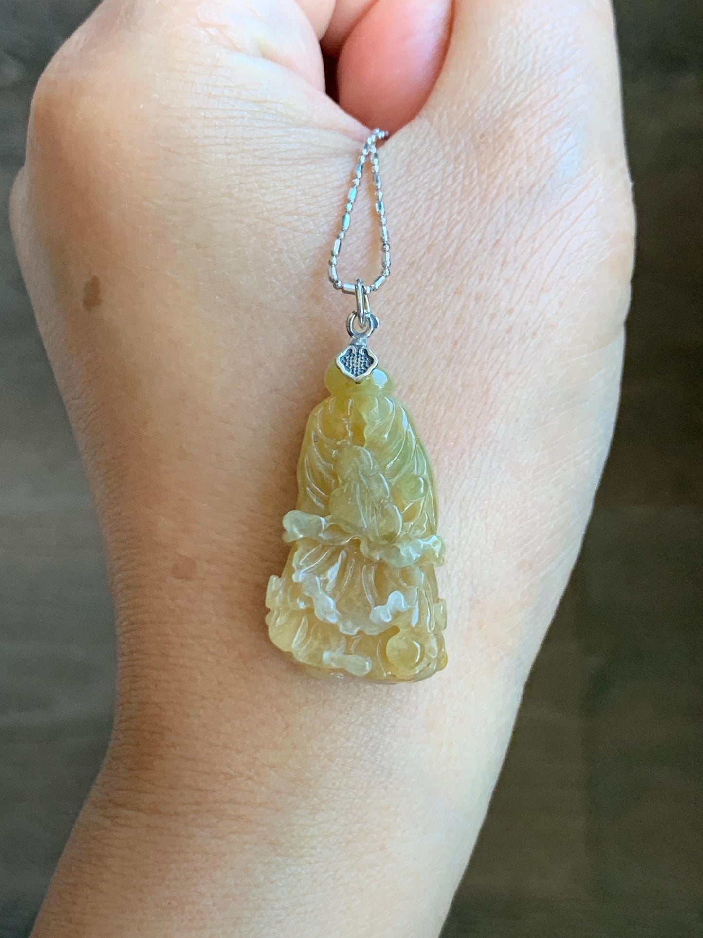 Natural Grade A Icy Translucent Gelatinous Yellow Jade Jadeite Carved Cabbage Pendant Sterling Silver 9g 天然冰胶黄翡翠白菜百财吊坠 MHB132