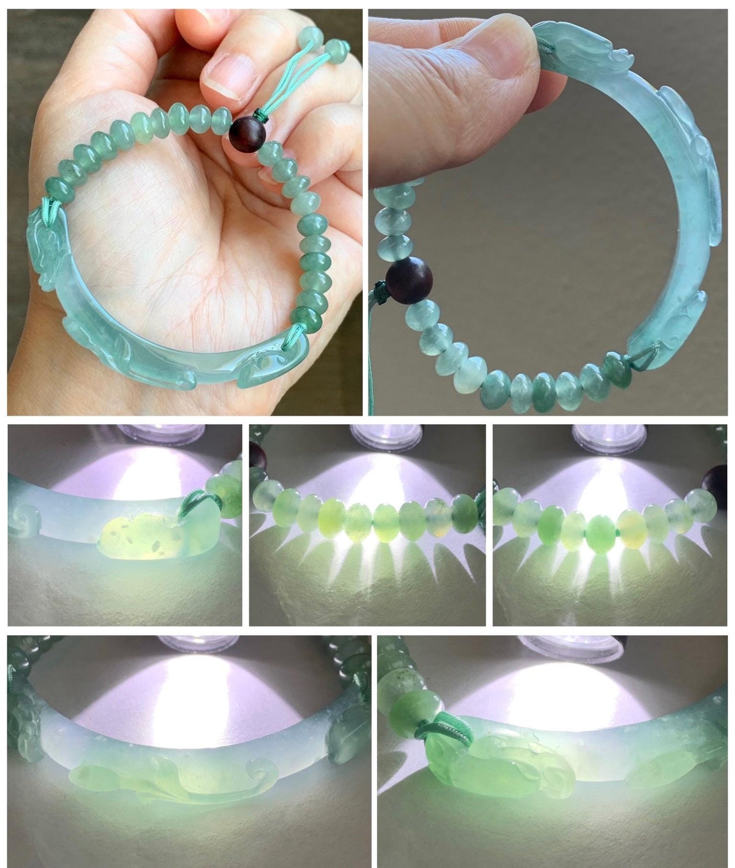 Certified Natural Grade A Guatemalan Icy Highly Translucent Light Teal Jade Jadeite Dragon Hook Cuff Beaded Bracelet 7" 17g 天然高冰危龙钩手牌手串 9465