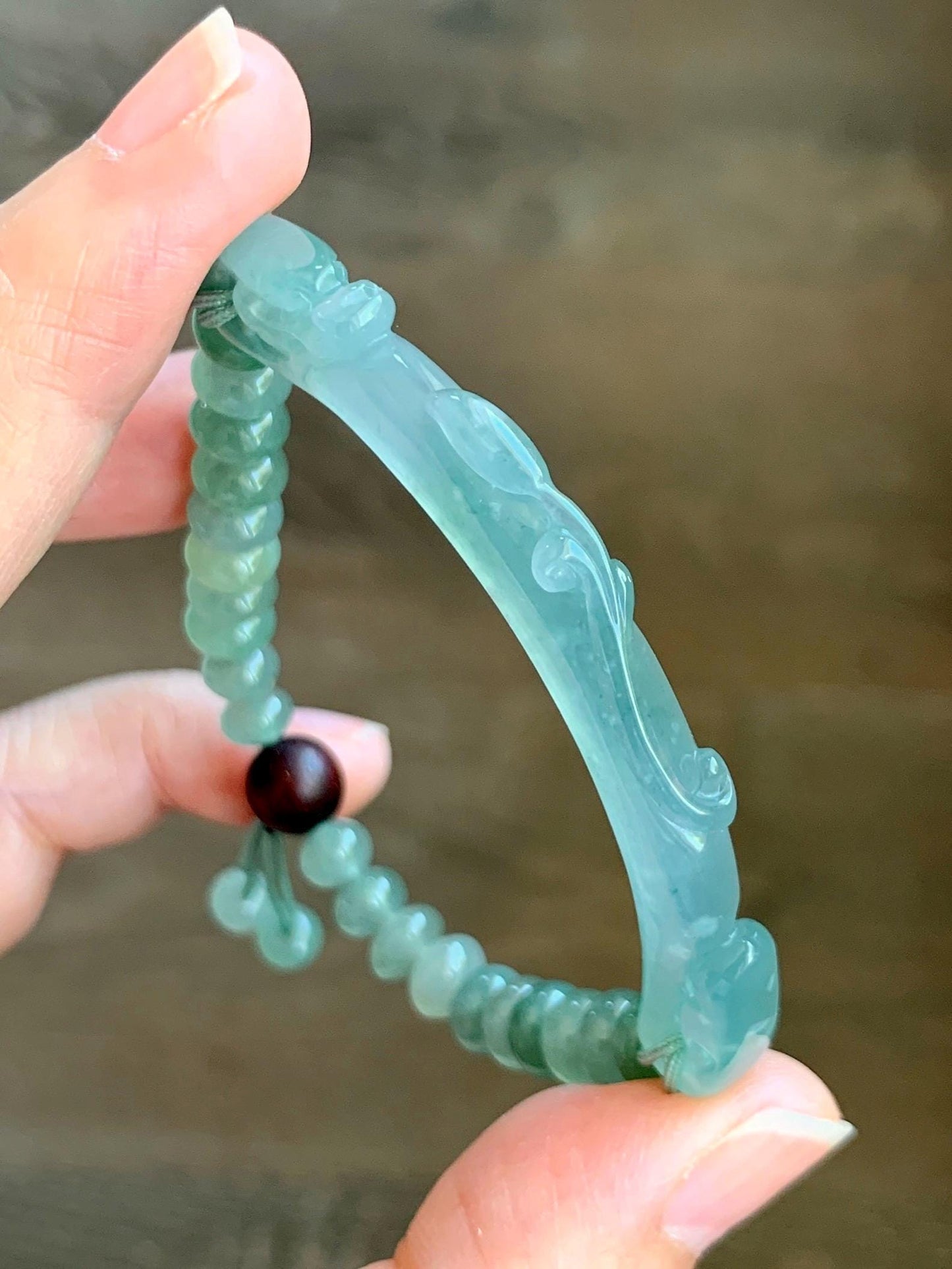 Certified Natural Grade A Guatemalan Icy Highly Translucent Light Teal Jade Jadeite Dragon Hook Cuff Beaded Bracelet 7" 17g 天然高冰危龙钩手牌手串 9465
