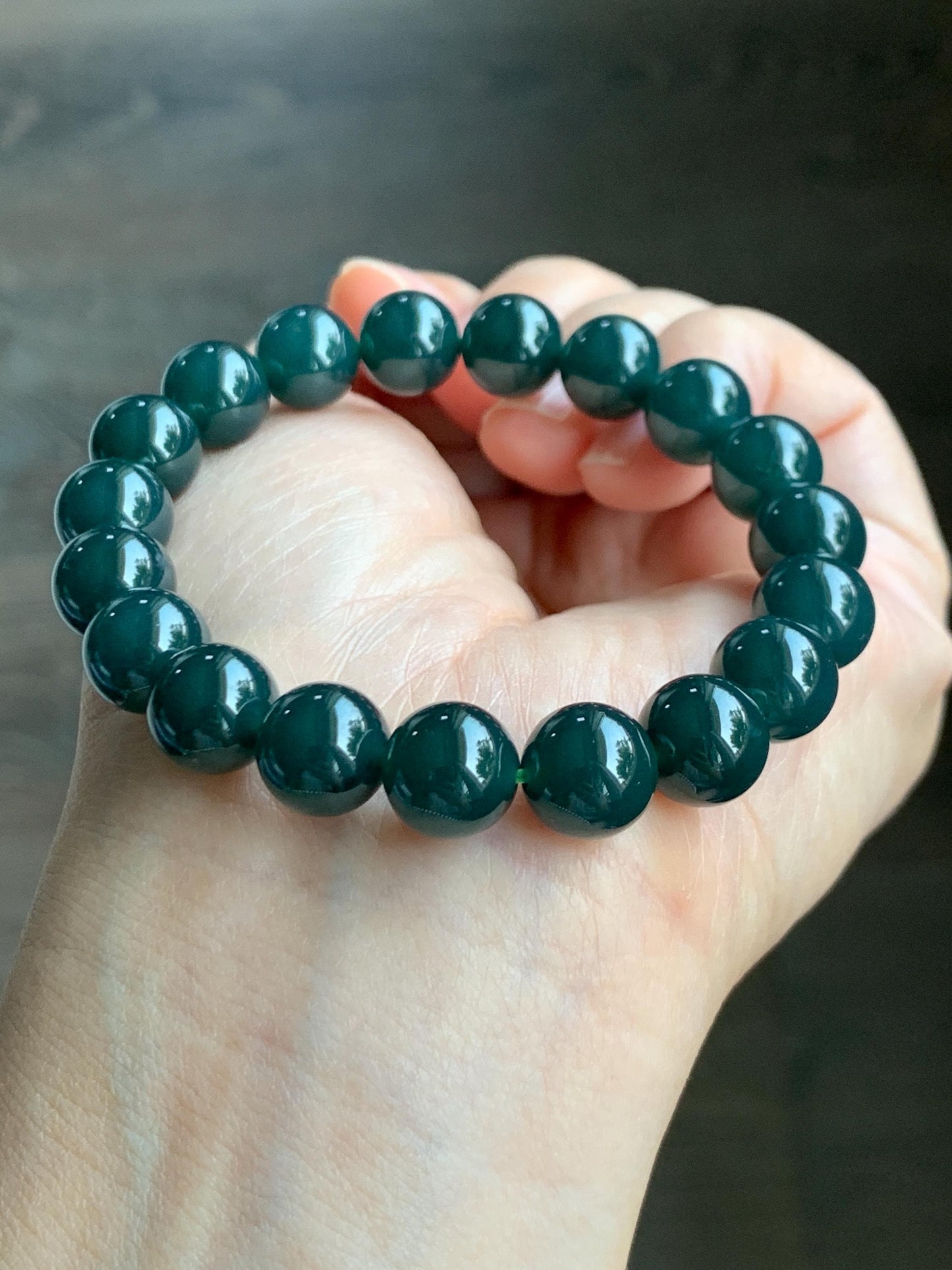 Natural Grade A Guatemalan Icy Translucent Dark Teal Blue Jade Jadeite Beaded Bracelet Stretchy 10mm 7” 32g 天然冰危深蓝绿翡翠圆珠手串 SWL250