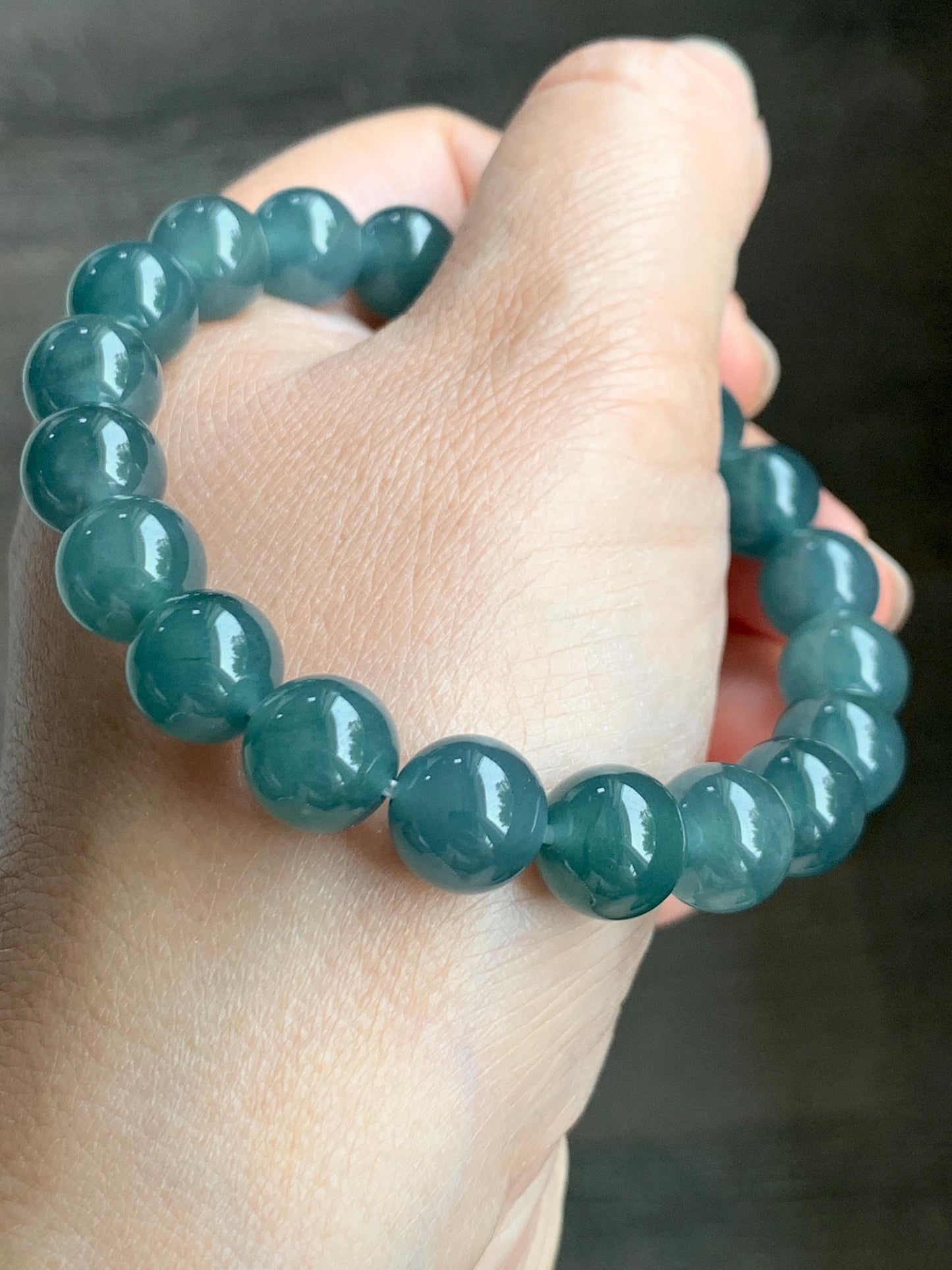 Natural Grade A Guatemalan Icy Translucent Dark Teal Blue Jade Jadeite Beaded Bracelet Stretchy 9.9mm 7.5” 34g 天然冰危深蓝翡翠圆珠手串 LZW330A