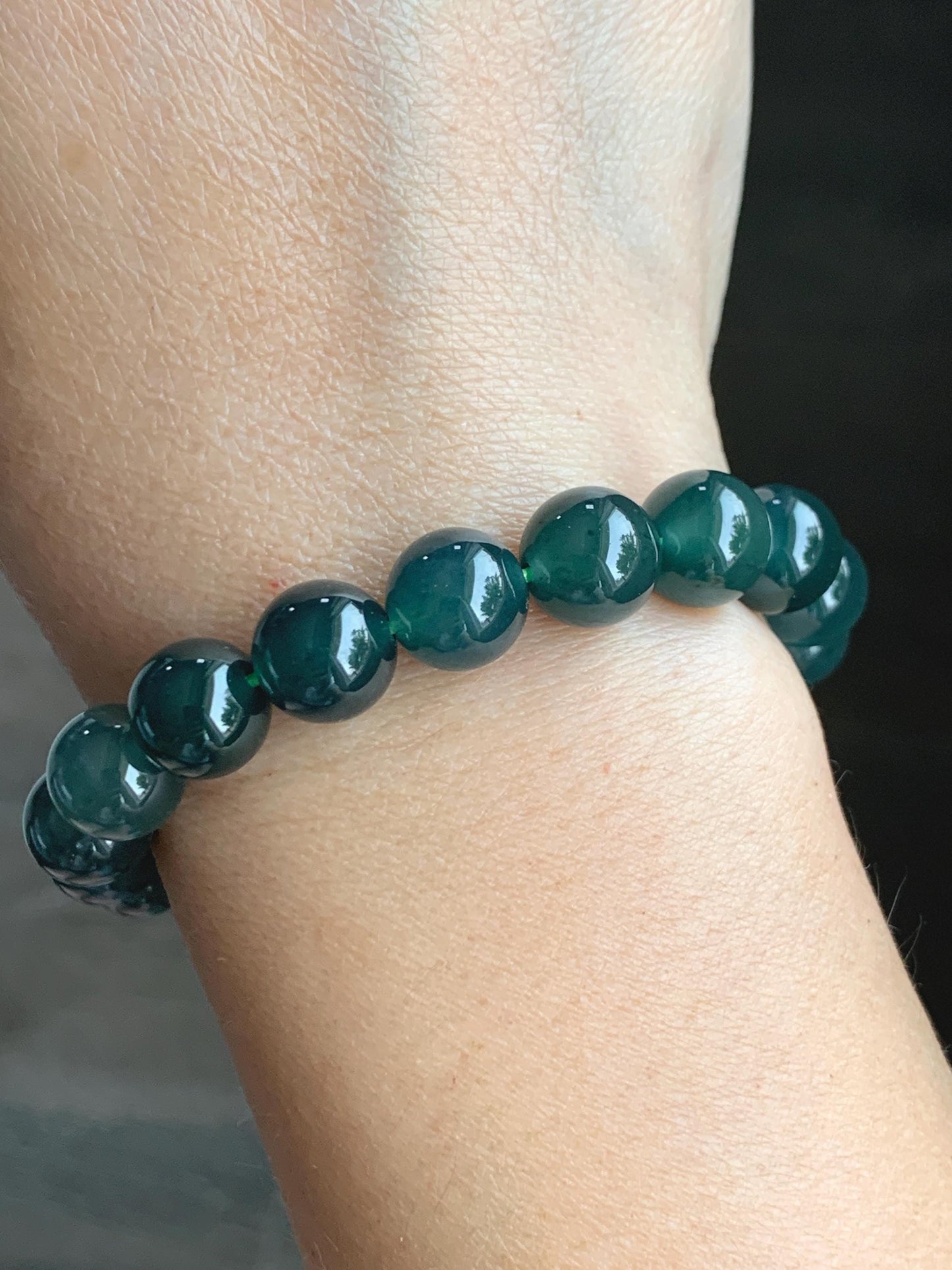 Natural Grade A Guatemalan Icy Translucent Dark Teal Green Jade Jadeite Beaded Bracelet Stretchy 9.9mm 7.5” 34g 天然冰危深蓝绿翡翠圆珠手串 LZW330B
