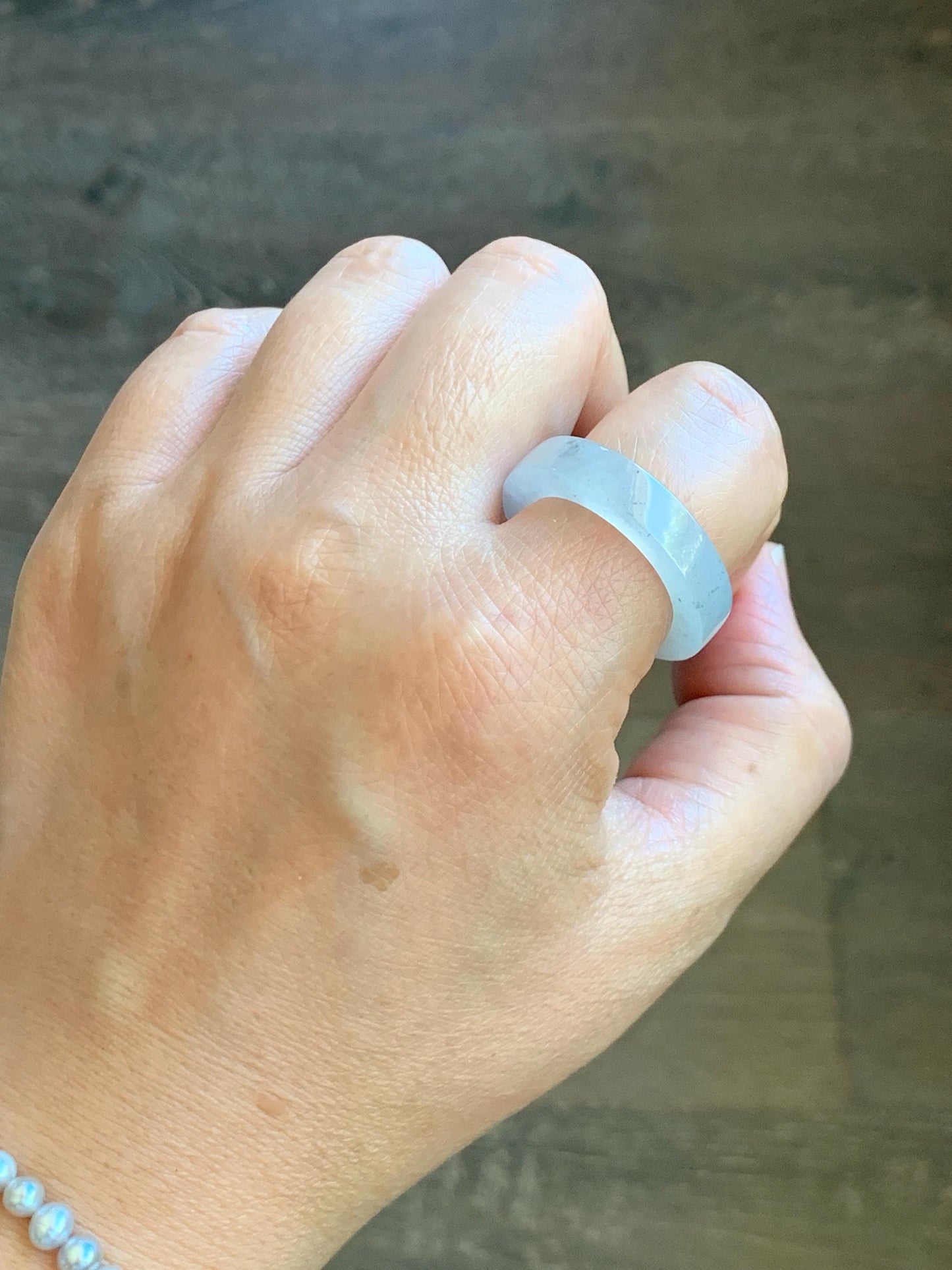 Natural Grade A Icy Translucent Gelatinous Light Wuji Marbled Jade Jadeite Square Edged Band Ring Size 10.25 US 6g 天然冰胶淡乌鸡翡翠方条戒圈 MWJ-C