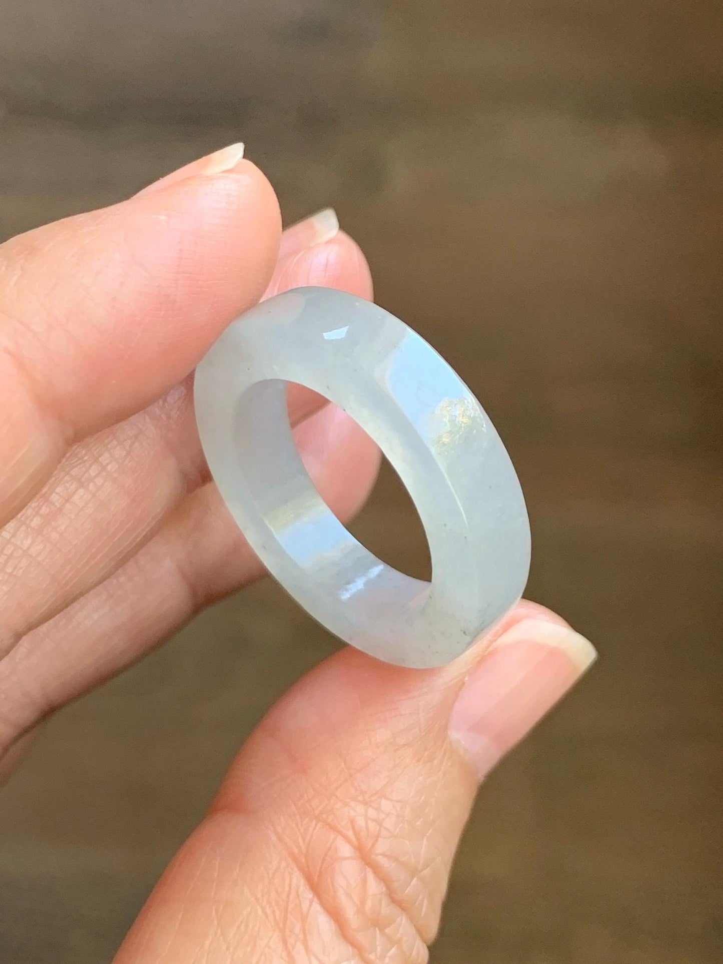 Natural Grade A Icy Translucent Gelatinous Light Wuji Marbled Jade Jadeite Square Edged Band Ring Size 9.5 US 6g 天然冰胶淡乌鸡翡翠方条戒圈 MWJ-A