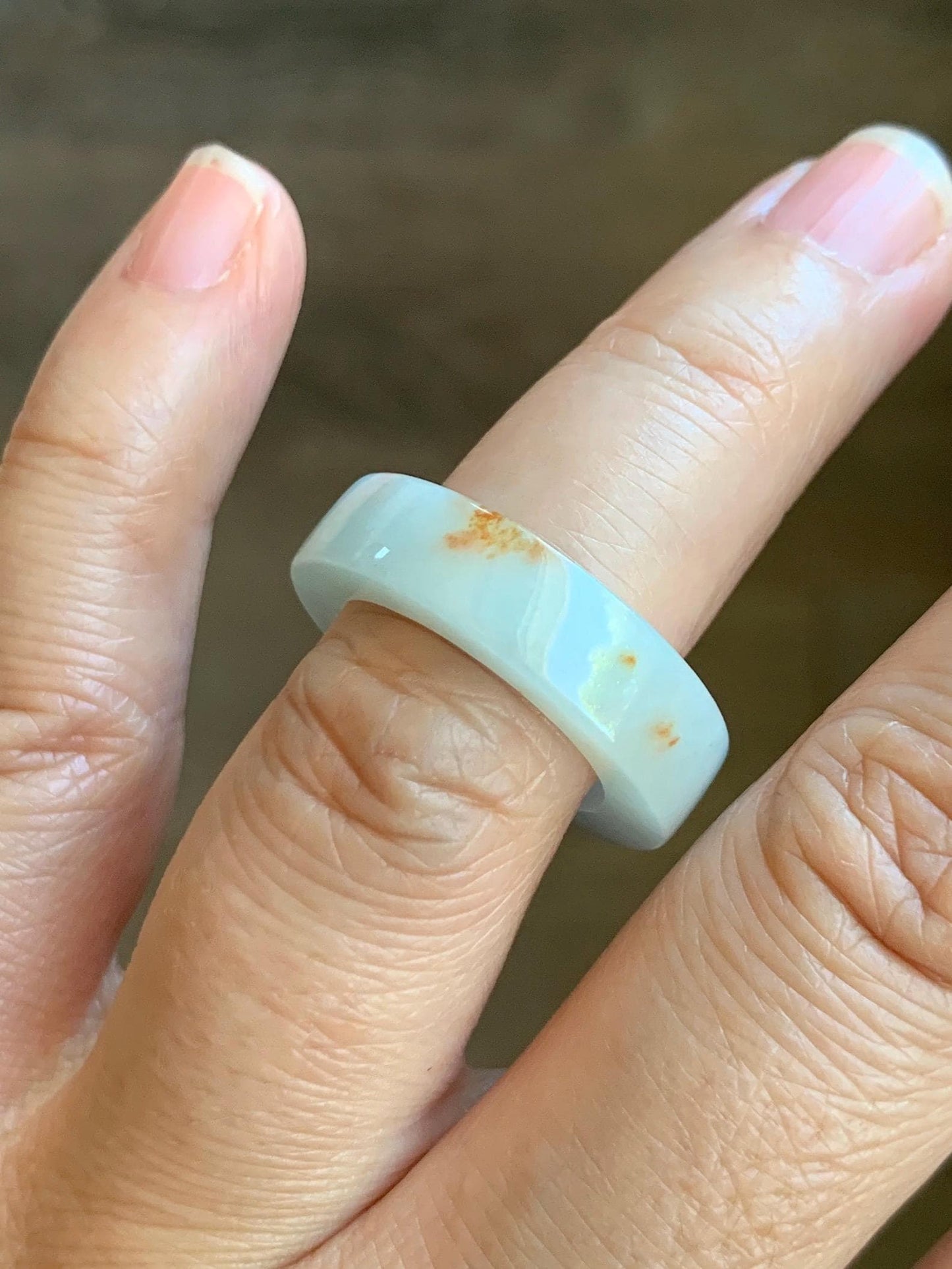 Natural Grade A Icy Translucent Orange Marbled Jade Jadeite Square Edged Band Ring Size 6.5 US 5g 天然撒金翡翠方条戒圈 MSJ88B
