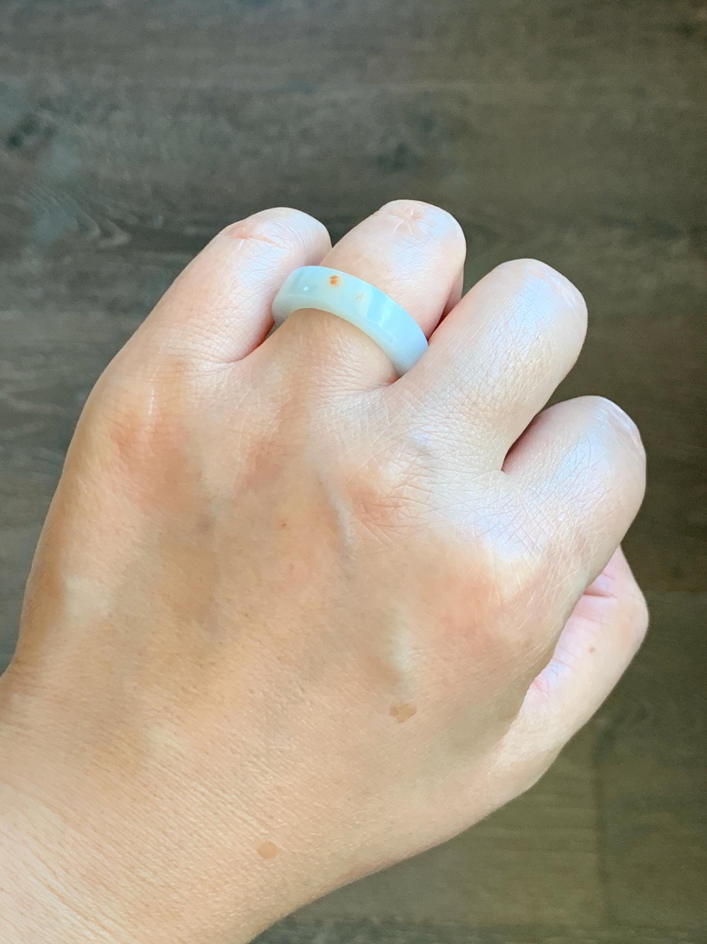 Natural Grade A Icy Translucent Orange Marbled Jade Jadeite Square Edged Band Ring Size 7.25 US 4g 天然撒金翡翠方条戒圈 MSJ88A