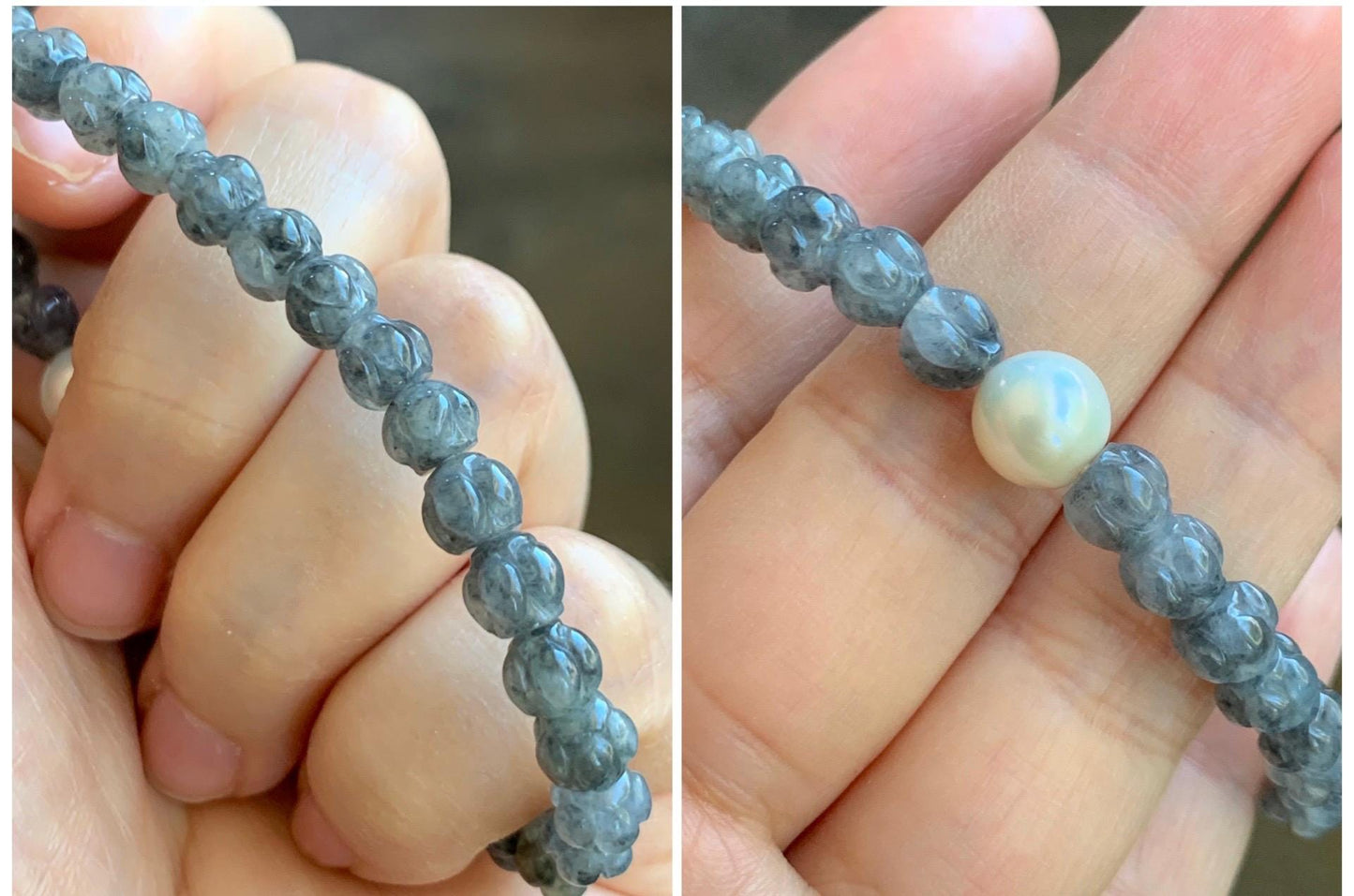 Natural Grade A Icy Highly Translucent Gelatinous Wuji Jadeite Lotus Flower Beads Freshwater Pearl Beaded Bracelet 7” 天然冰胶乌鸡翡翠莲花珠珍珠手串 BWZ228