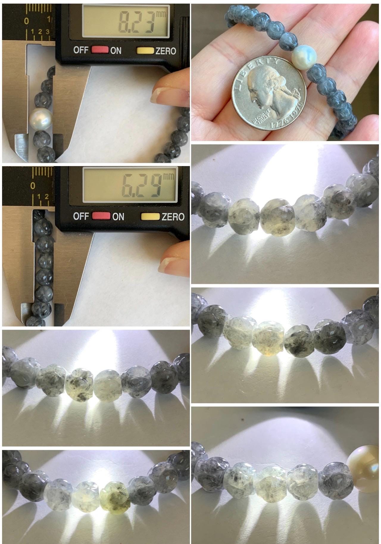 Natural Grade A Icy Highly Translucent Gelatinous Wuji Jadeite Lotus Flower Beads Freshwater Pearl Beaded Bracelet 7” 天然冰胶乌鸡翡翠莲花珠珍珠手串 BWZ228