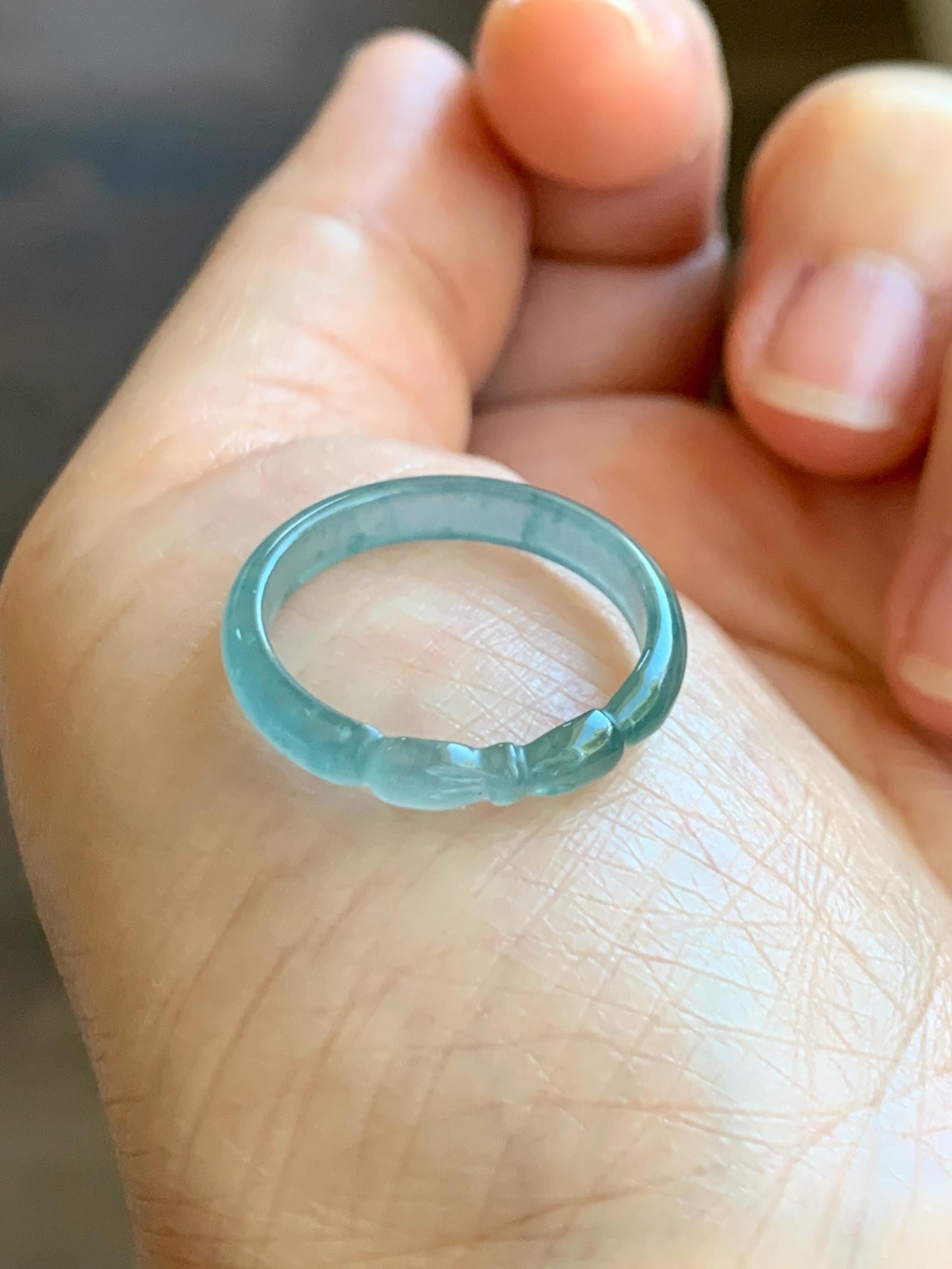 Natural Grade A Guatemalan Icy Highly Translucent Teal Blue Jade Jadeite Carved Bow Band Ring Size 7.75 US 天然冰危起光蓝绿翡翠蝴蝶结戒圈 WHD55E
