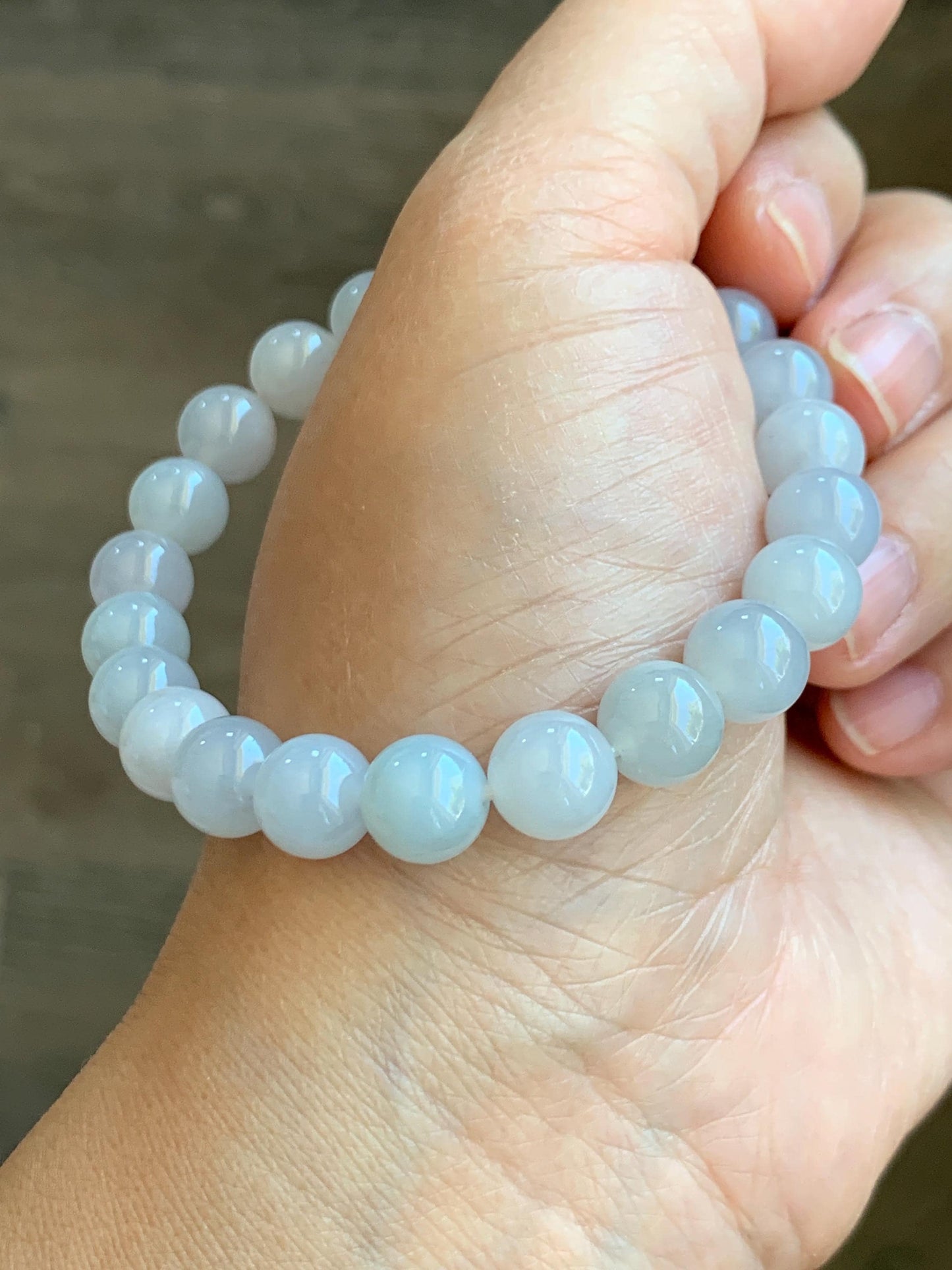 Certified Natural Grade A Icy Translucent Gelatinous Pastel Blue Golden Marbled Jadeite Beaded Bracelet 8.7mm 7.25” 天然老种冰胶淡蓝底撒金翡翠圆珠手串 9409