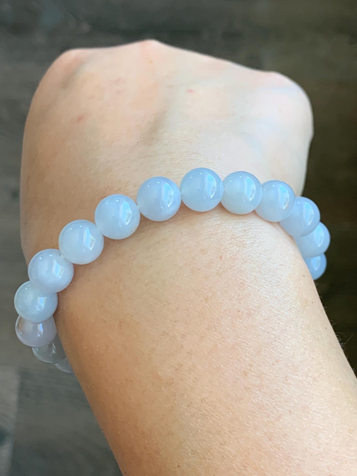 Certified Natural Grade A Icy Translucent Gelatinous Pastel Blue Golden Marbled Jadeite Beaded Bracelet 8.7mm 7.25” 天然老种冰胶淡蓝底撒金翡翠圆珠手串 9409