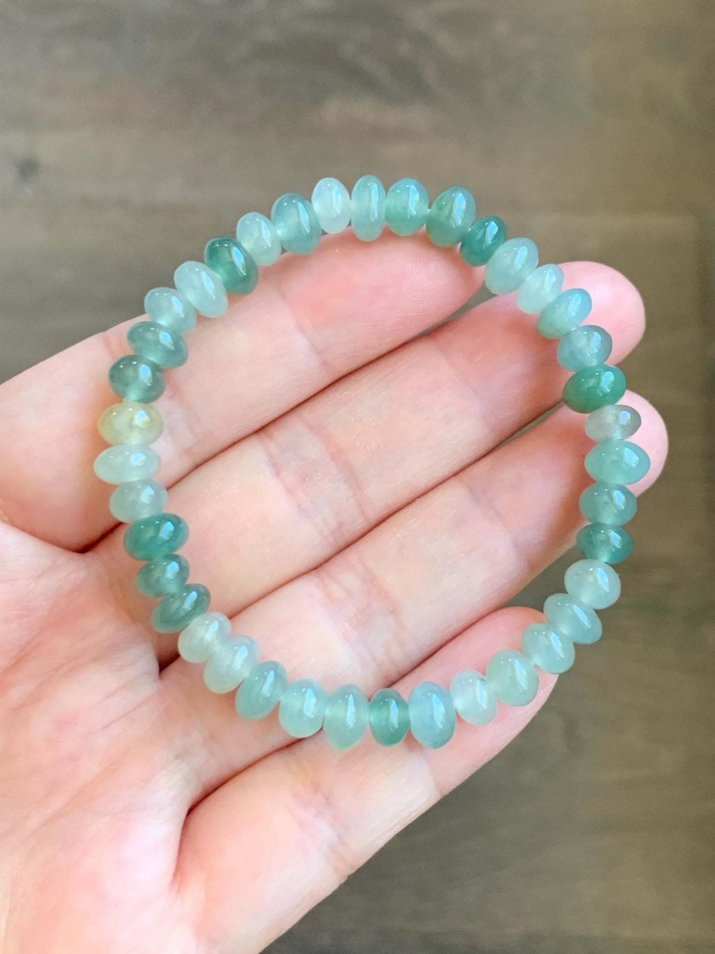 Natural Grade A Icy Translucent Gelatinous Light Green Jade Jadeite Drum Beads Beaded Bracelet 6.25" 14g 天然冰多宝翡翠鼓珠手串 LDB132
