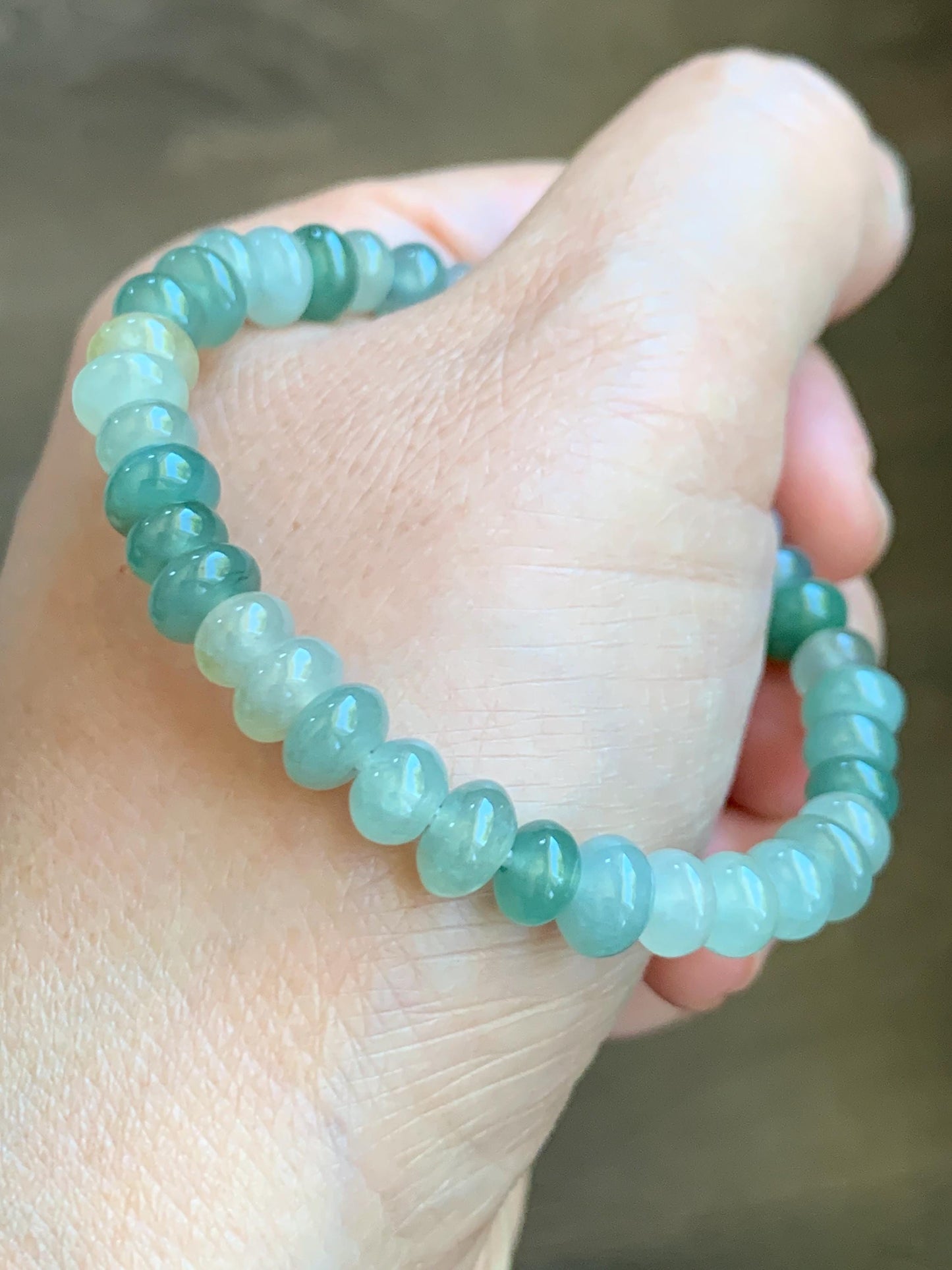 Natural Grade A Icy Translucent Gelatinous Light Green Jade Jadeite Drum Beads Beaded Bracelet 6.25" 14g 天然冰多宝翡翠鼓珠手串 LDB132