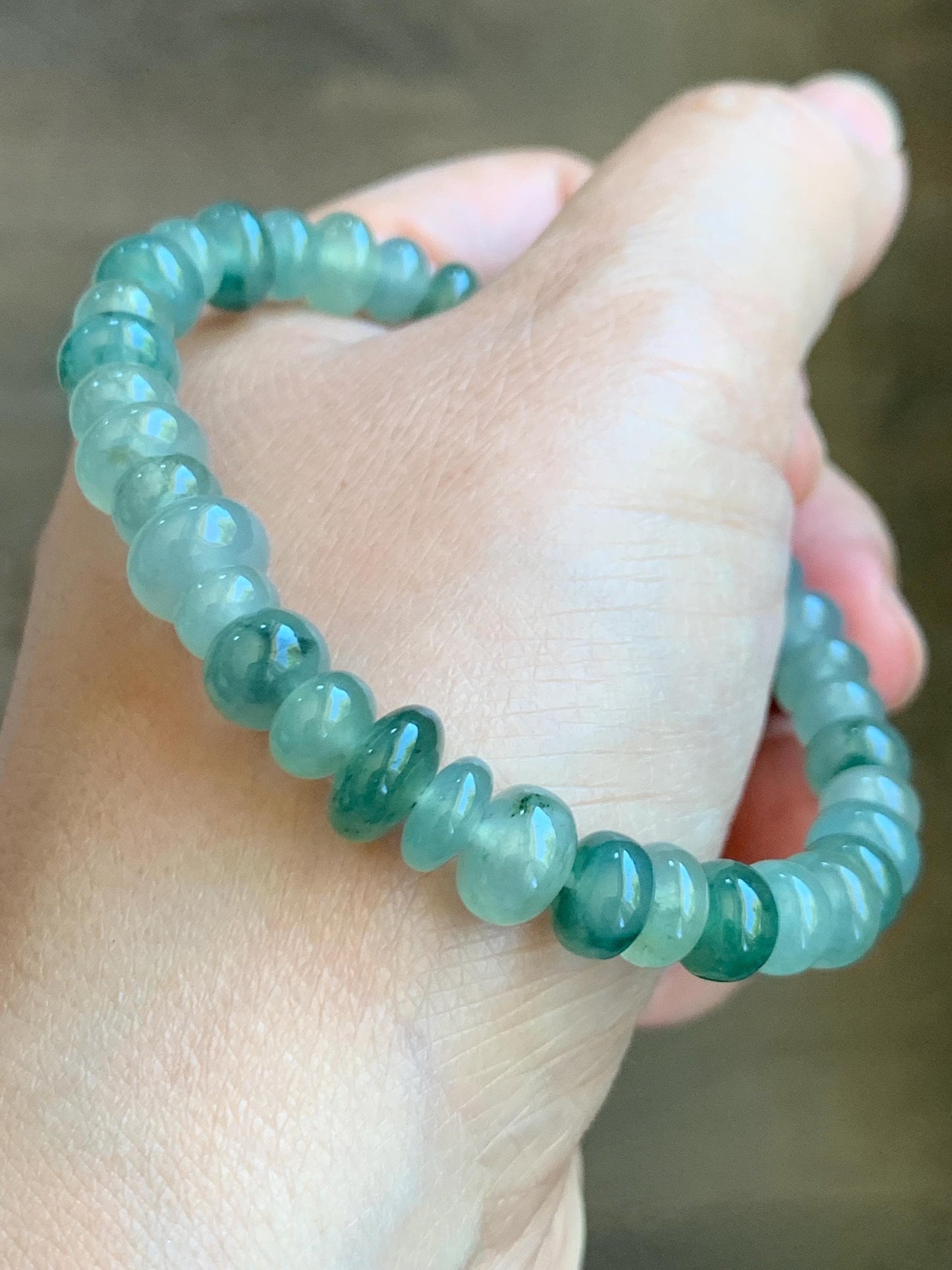 Natural Grade A Icy Highly Translucent Gelatinous Multicolored Light Green Jade Jadeite Drum Beads Beaded Bracelet 7" 天然冰透浅多宝翡翠鼓珠手串 DBL538B