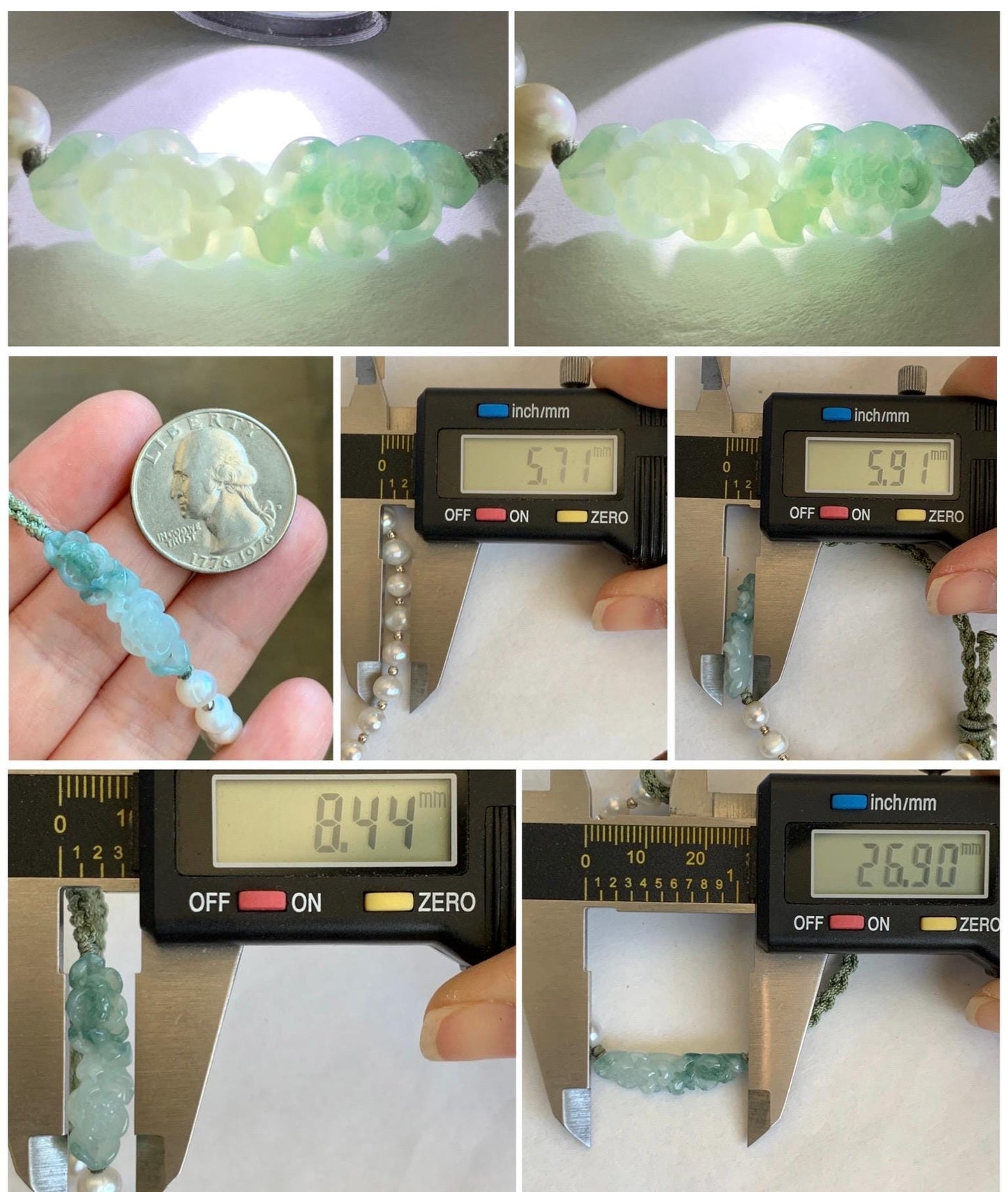 Natural Grade A Icy Translucent White Green Marbled Jadeite Double Lotus Flower Freshwater Pearls Rope Bracelet 7" 天然白冰飘绿花翡翠双莲花珍珠手绳 SLH130G