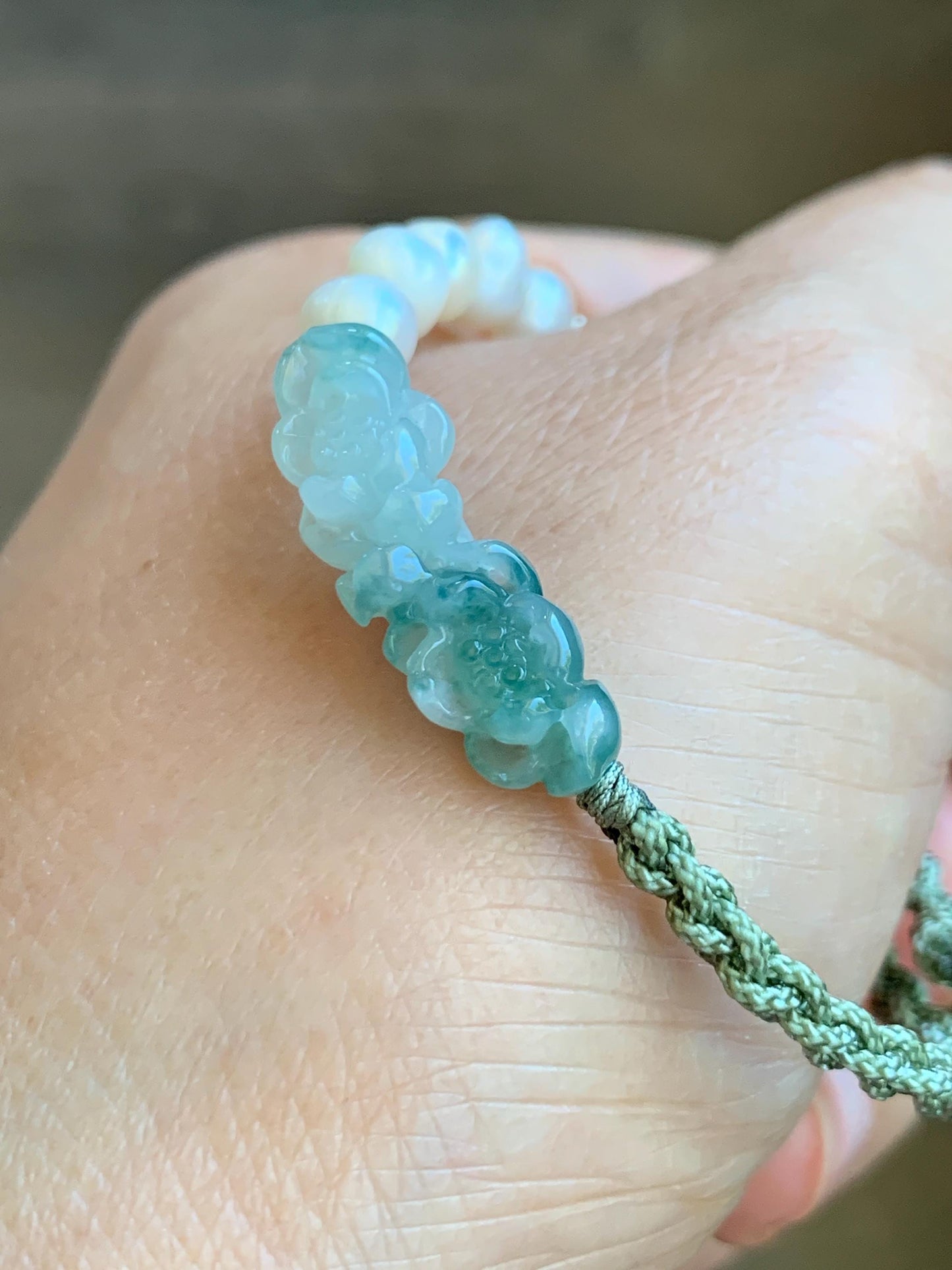Natural Grade A Icy Translucent White Green Marbled Jadeite Double Lotus Flower Freshwater Pearls Rope Bracelet 7" 天然白冰飘绿花翡翠双莲花珍珠手绳 SLH130G