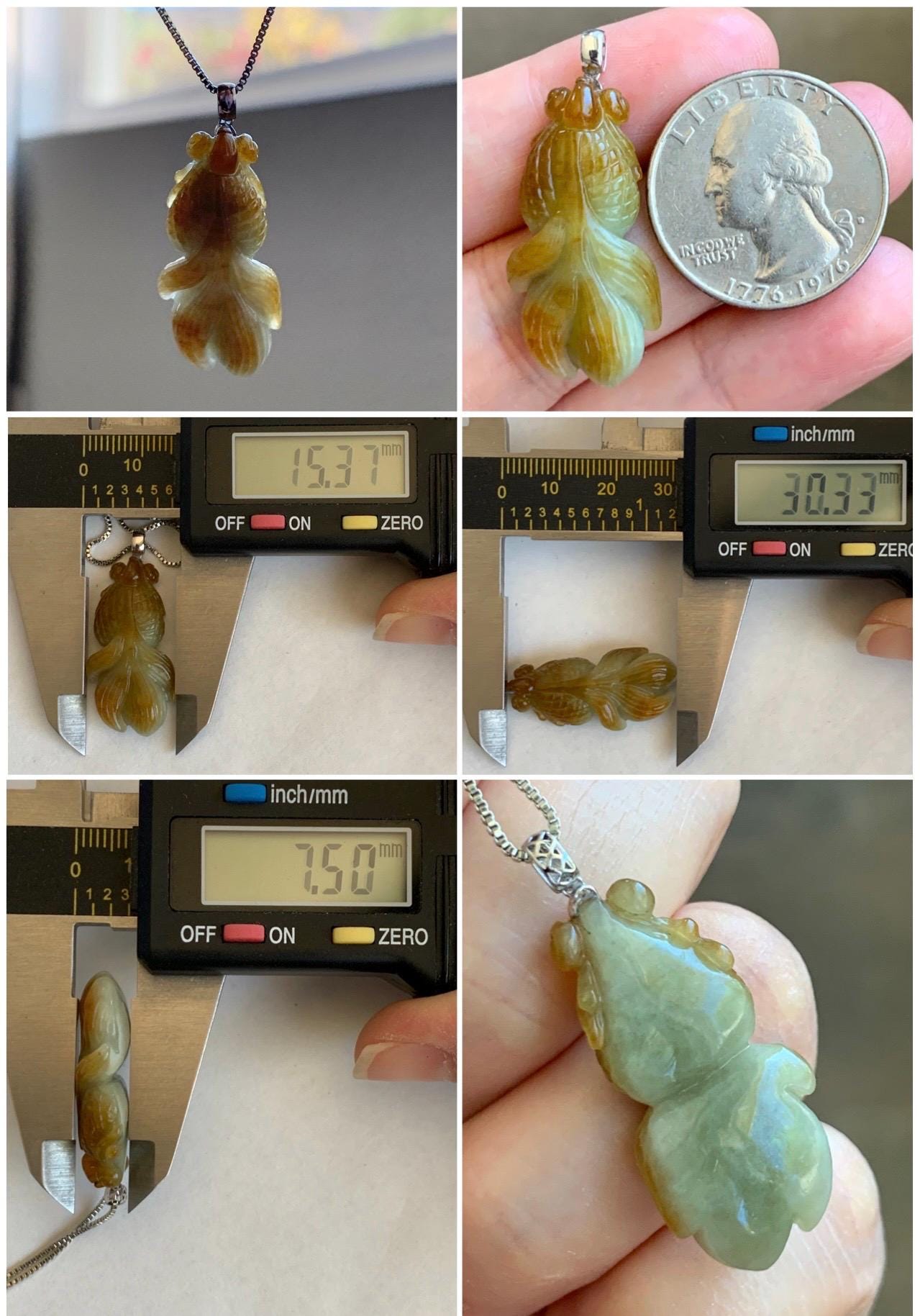 Natural Grade A Icy Translucent Yellow Marbled Jade Jadeite Carved Goldfish Pendant 18K White Gold 6g 天然黄翡翠金鱼金扣头吊坠 MJY100A