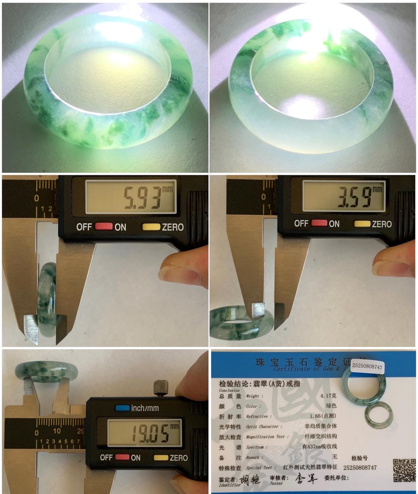 Certified Natural Grade A Icy Translucent Gelatinous Old Mine Green Marbled Jade Jadeite Band Ring Size 9 US 4.17g 天然冰胶浅绿飘花翡翠戒圈 8747