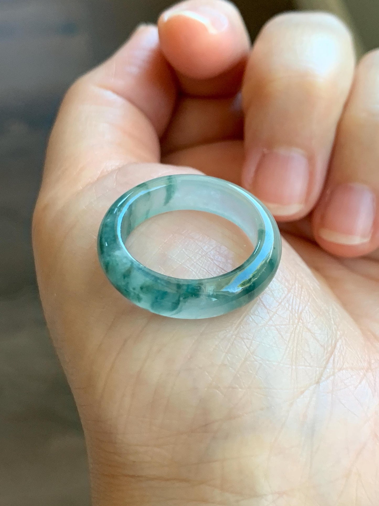Certified Natural Grade A Icy Translucent Gelatinous Old Mine Green Marbled Jade Jadeite Band Ring Size 9 US 4.17g 天然冰胶浅绿飘花翡翠戒圈 8747
