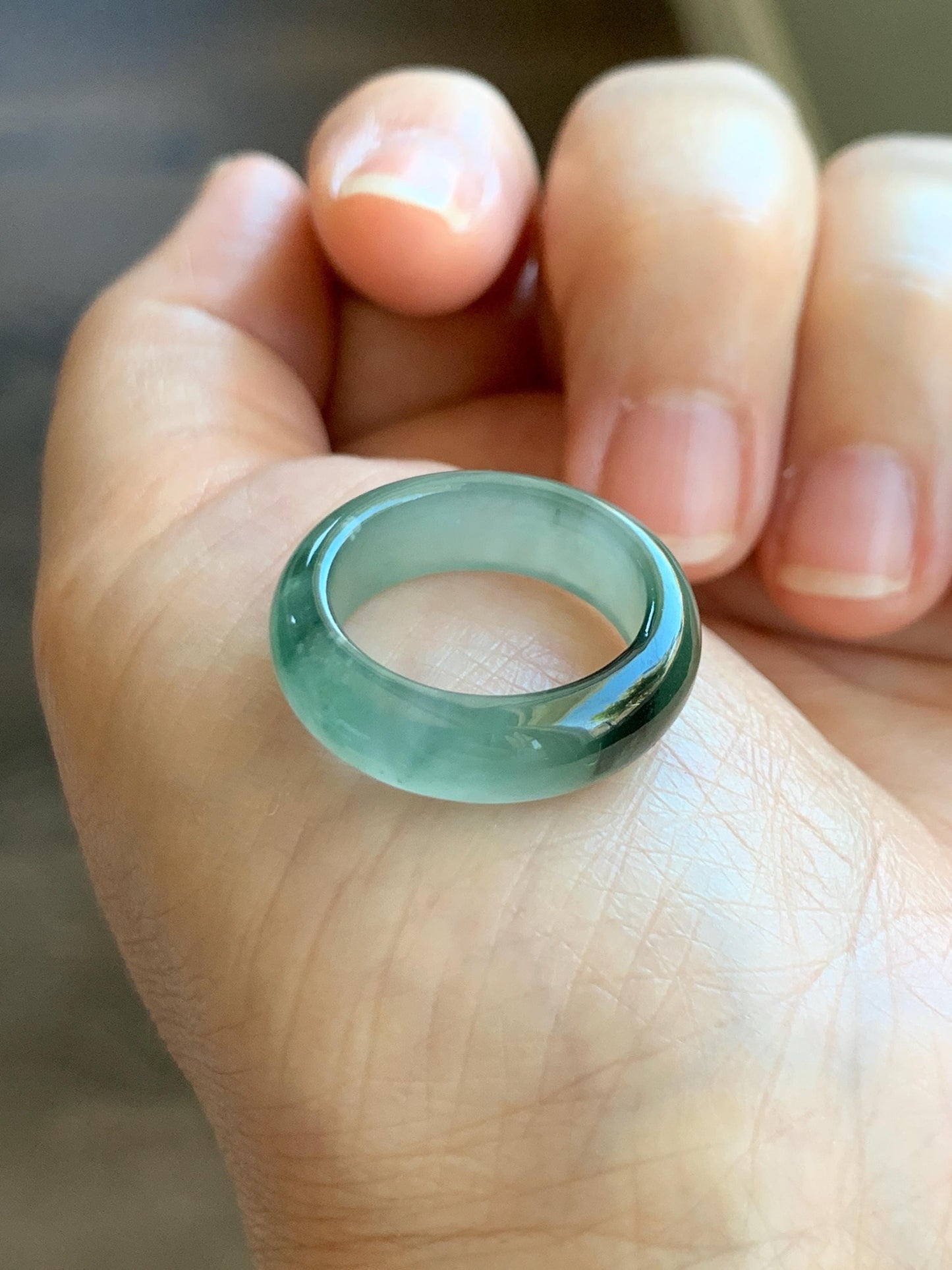 Certified Natural Grade A Icy Translucent Gelatinous Old Mine Green Marbled Jade Jadeite Band Ring Size 6.5 US 3.76g 天然冰胶绿飘花翡翠戒圈 8732