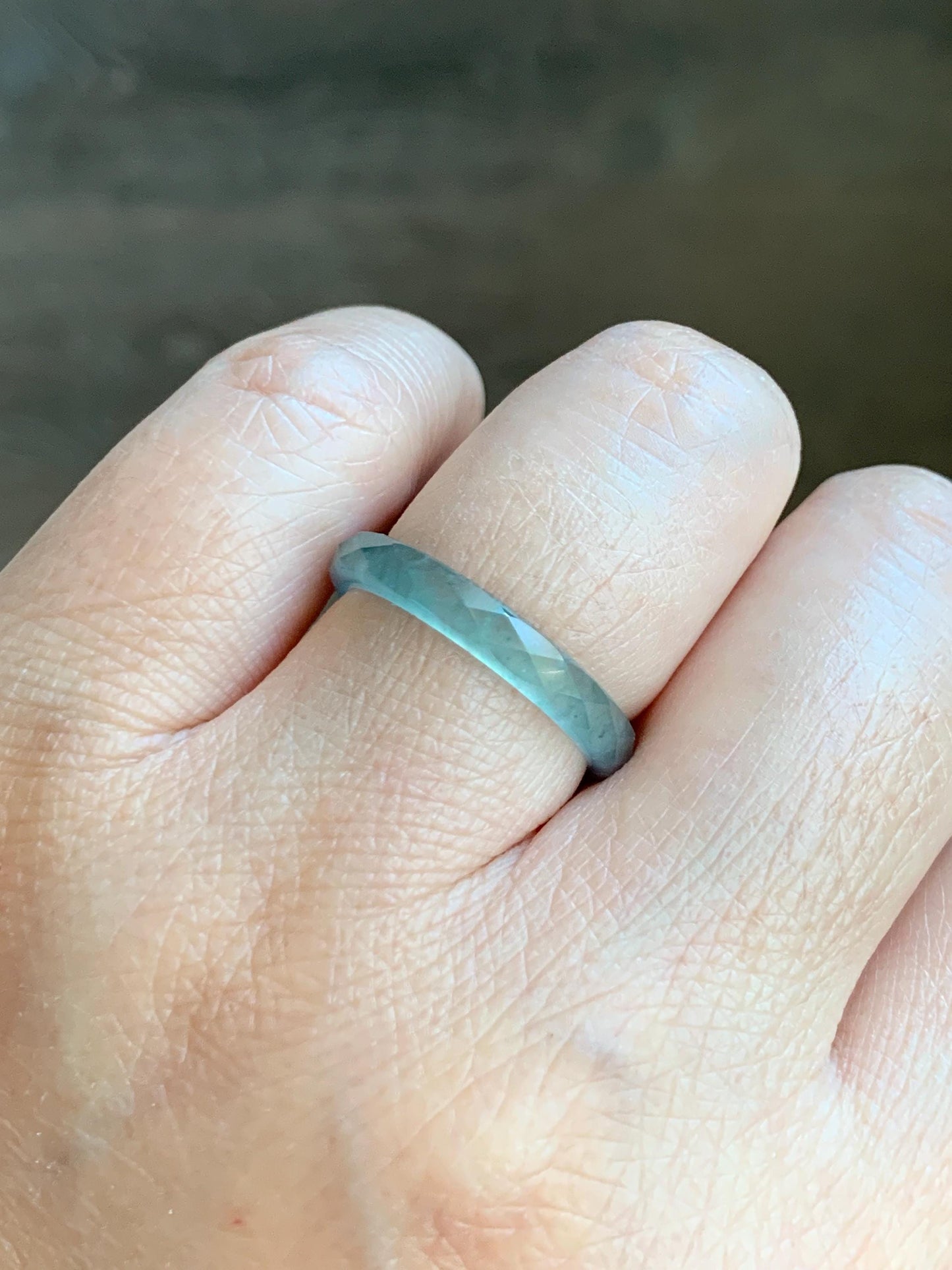 Natural Grade A Guatemalan Icy Highly Translucent Light Teal Jade Jadeite Diamond Faceted Band Ring Size 7.25 US 天然冰危浅蓝绿起光翡翠切割面戒圈 QGM80-I