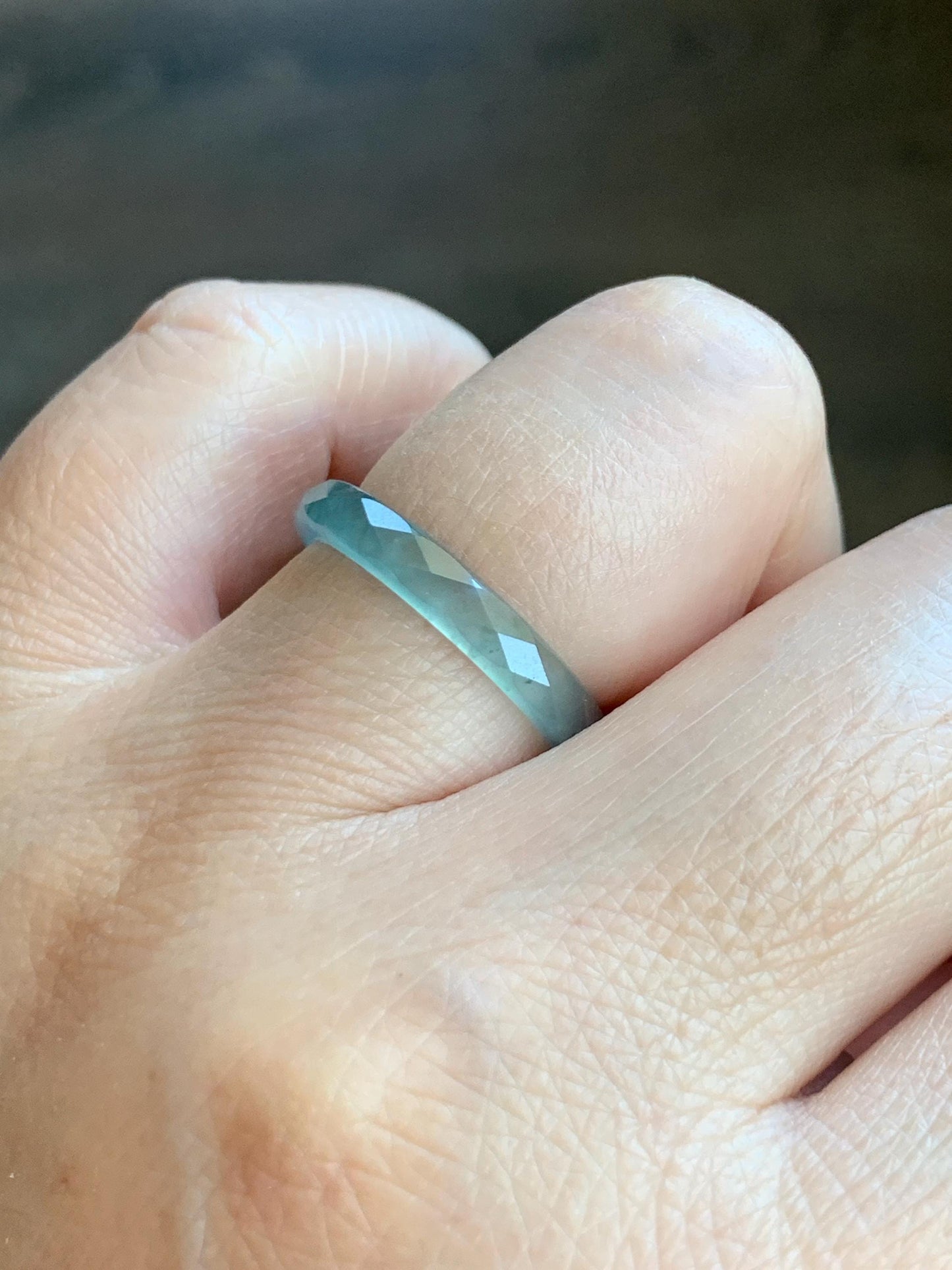 Natural Grade A Guatemalan Icy Highly Translucent Light Teal Jade Jadeite Diamond Faceted Band Ring Size 7.25 US 天然冰危浅蓝绿起光翡翠切割面戒圈 QGM80-I