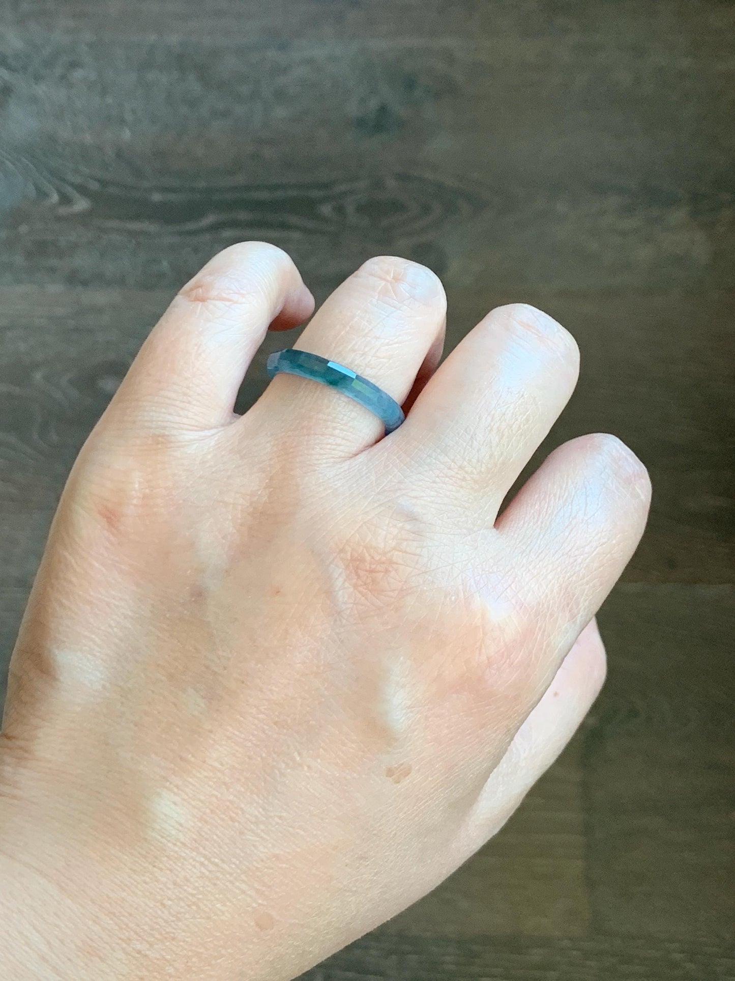 Natural Grade A Guatemalan Icy Highly Translucent Light Aegean Blue Jade Jadeite Faceted Band Ring Size 9 US 天然冰危牛仔蓝起光翡翠切割面戒圈 QGM80-F