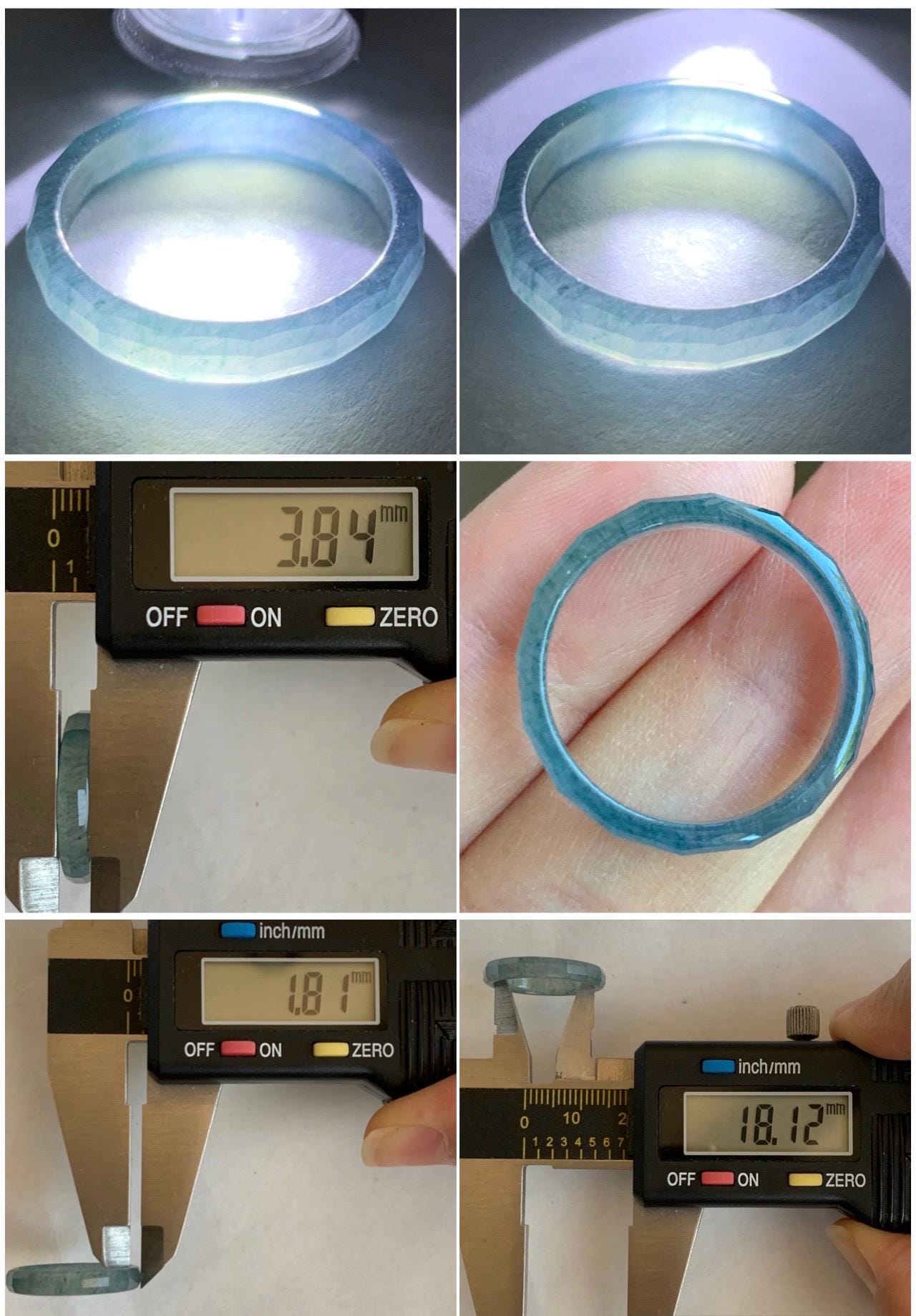 Natural Grade A Guatemalan Icy Highly Translucent Aegean Blue Jade Jadeite Faceted Band Ring Size 7.75 US 天然冰危牛仔蓝起光翡翠切割面戒圈 QGM80-A