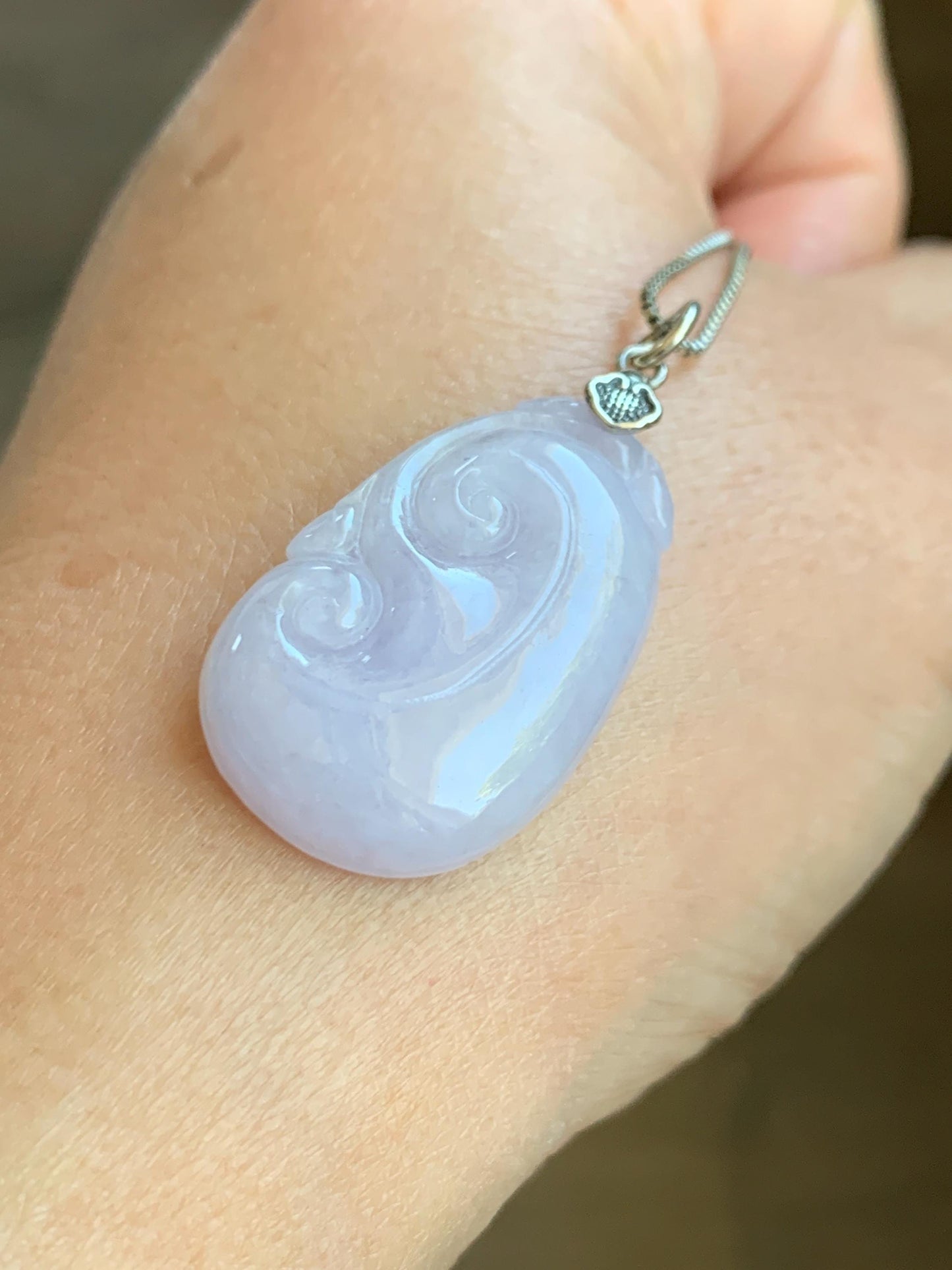 Natural Grade A Icy Translucent Light Purple Jade Jadeite Carved Ruyi Pendant Sterling Silver 6g 天然冰淡紫翡翠如意吊坠 MDZ150