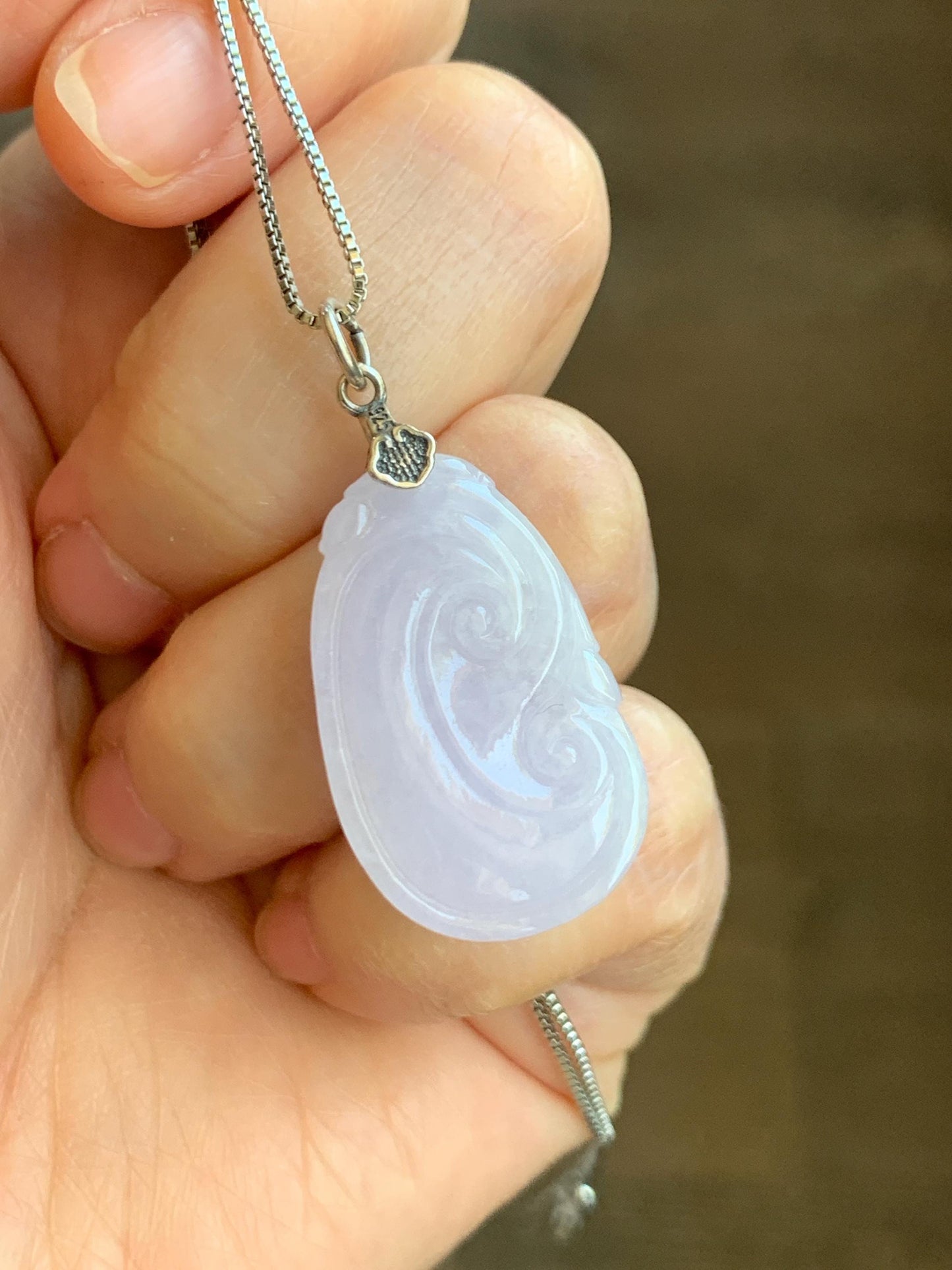 Natural Grade A Icy Translucent Light Purple Jade Jadeite Carved Ruyi Pendant Sterling Silver 6g 天然冰淡紫翡翠如意吊坠 MDZ150