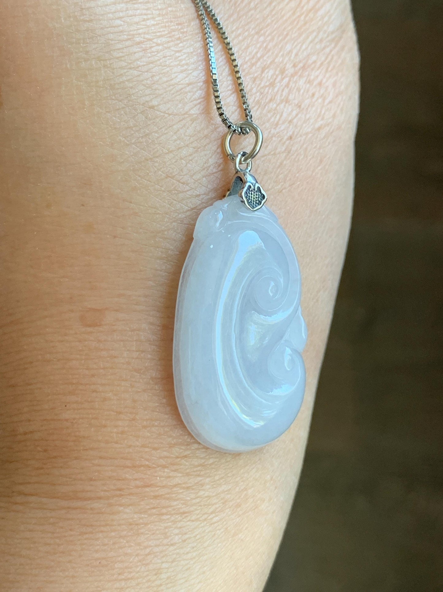 Natural Grade A Icy Translucent Gelatinous Icy White Jade Jadeite Carved Ruyi Pendant Sterling Silver 8g 天然白冰胶翡翠如意吊坠 MBR103