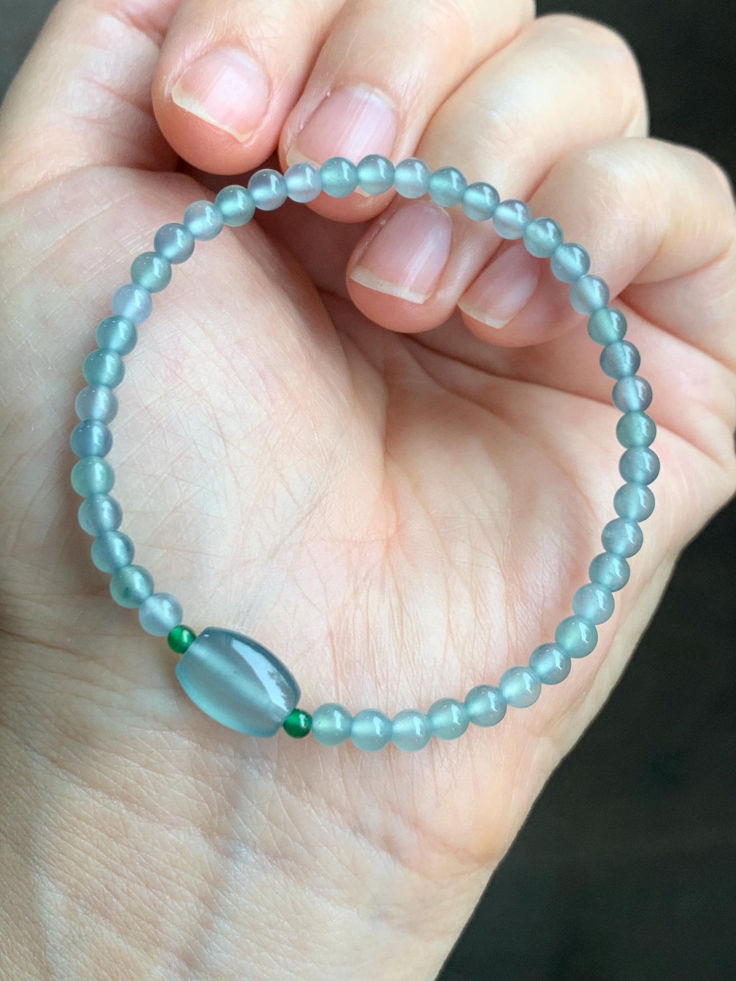 Natural Grade A Guatemalan Icy Highly Translucent Light Teal Blue Jade Jadeite Petite Beads Beaded Bracelet 6.75” 5g 天然高冰危起光蓝翡翠小珠手串 GBW188