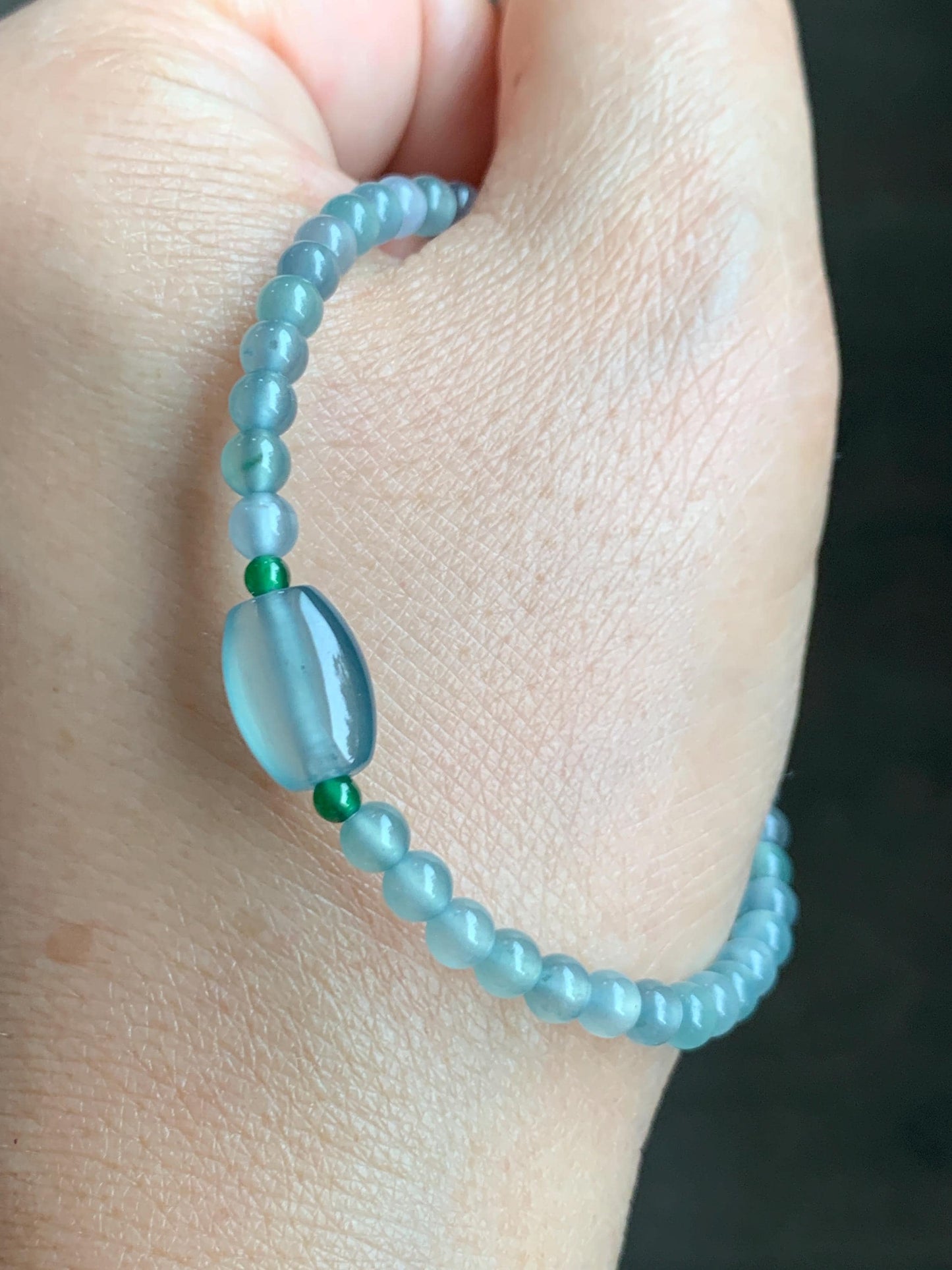 Natural Grade A Guatemalan Icy Highly Translucent Light Teal Blue Jade Jadeite Petite Beads Beaded Bracelet 6.75” 5g 天然高冰危起光蓝翡翠小珠手串 GBW188