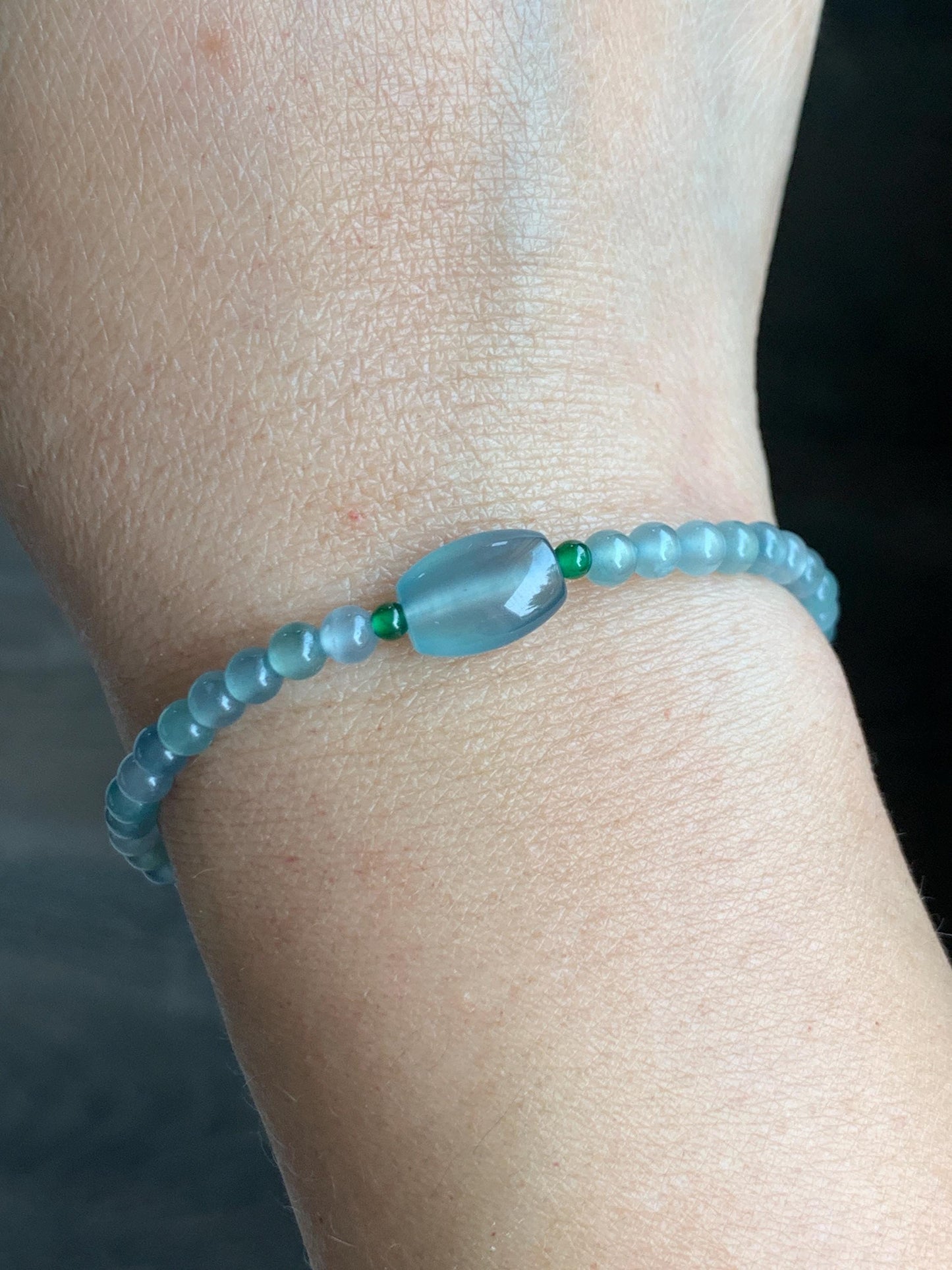 Natural Grade A Guatemalan Icy Highly Translucent Light Teal Blue Jade Jadeite Petite Beads Beaded Bracelet 6.75” 5g 天然高冰危起光蓝翡翠小珠手串 GBW188