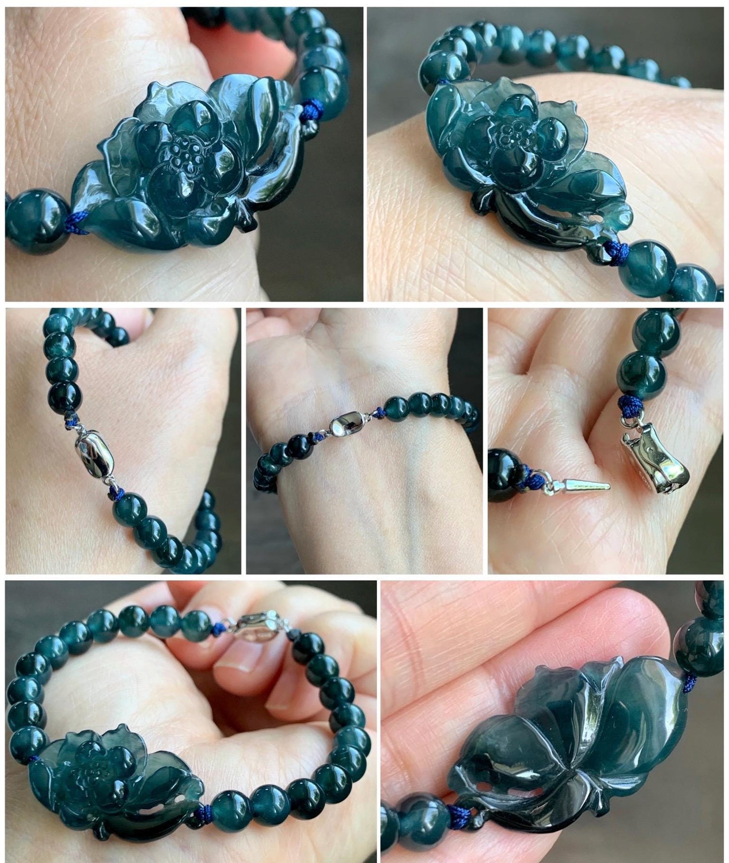 Natural Grade A Guatemalan Icy Translucent Midnight Blue Jade Jadeite Lotus Flower Beaded Bracelet 7” Sterling Silver 天然冰危深蓝翡翠莲花手串 SLH245