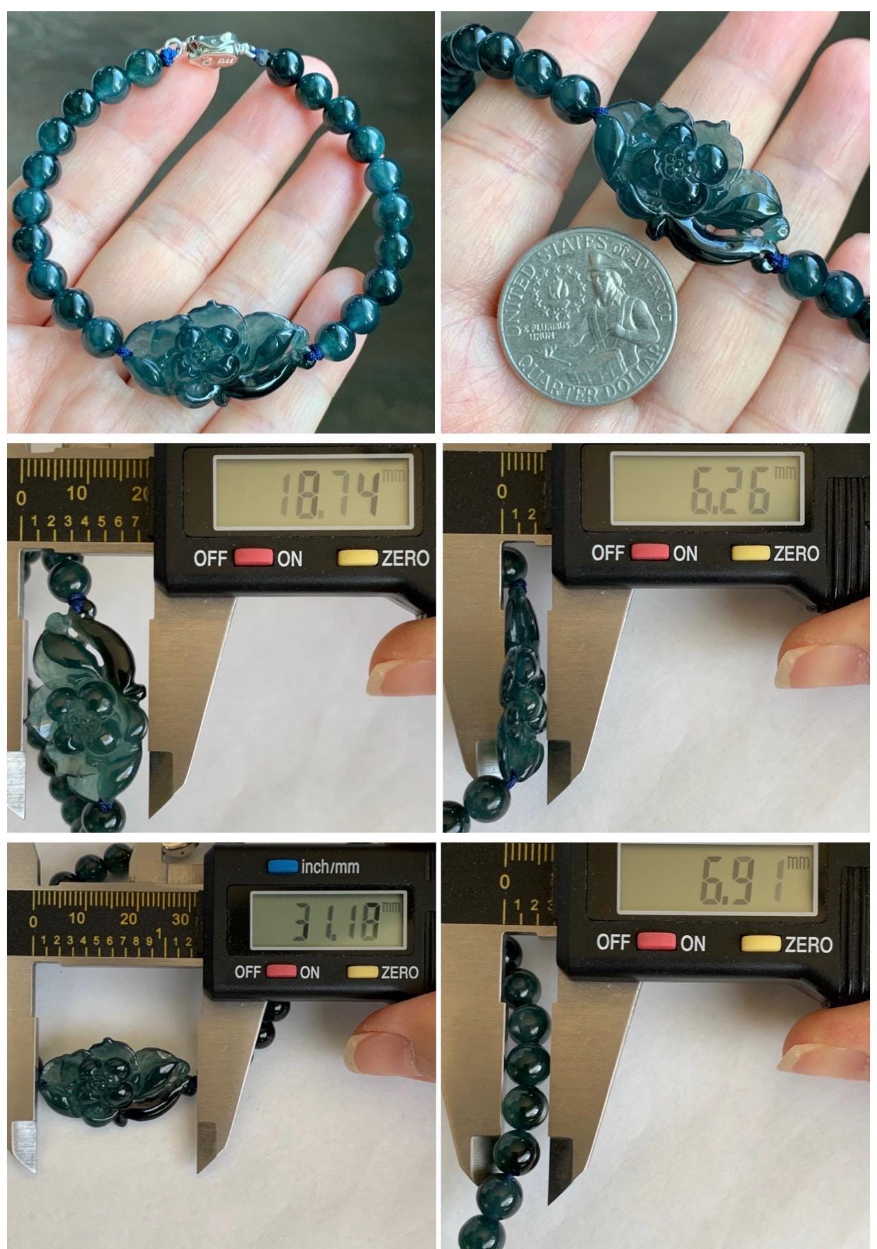 Natural Grade A Guatemalan Icy Translucent Midnight Blue Jade Jadeite Lotus Flower Beaded Bracelet 7” Sterling Silver 天然冰危深蓝翡翠莲花手串 SLH245